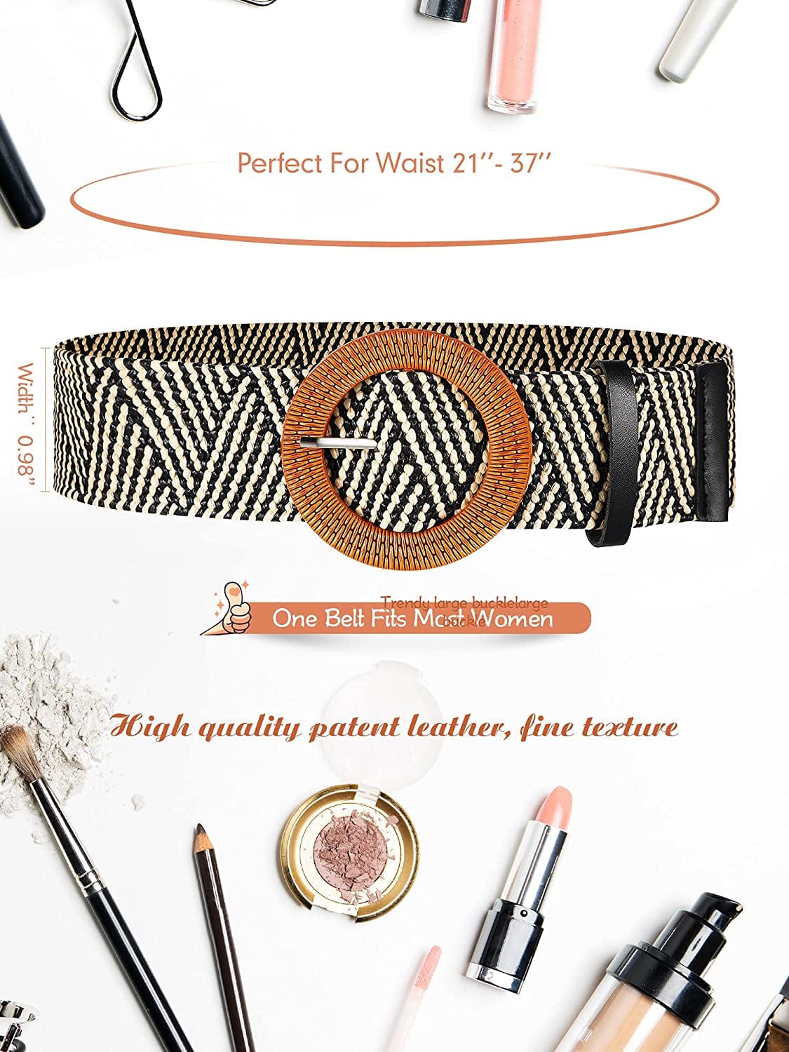 4 Styles Women Belts for Dresses, Elastic Straw Rattan Waist Band with Wood Buckle Fan-Shape round Buckle for Women, Girls, White, Black, Beige, Stripe Apparel & Accessories > Clothing Accessories > Belts Geyoga