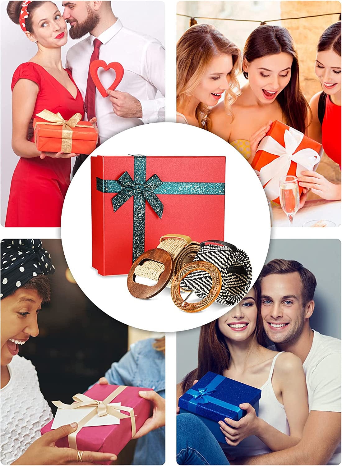 4 Styles Women Belts for Dresses, Elastic Straw Rattan Waist Band with Wood Buckle Fan-Shape round Buckle for Women, Girls, White, Black, Beige, Stripe Apparel & Accessories > Clothing Accessories > Belts Geyoga