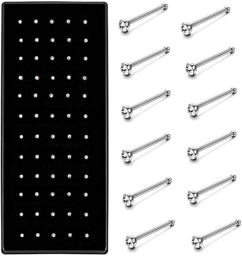 40/60Piece Stainless Steel Nose Stud Set Crystal Nostril Piercing Hoop Bulk L Shape Nose Ring Pack Piercing Nariz Body Jewelry Practical Apparel & Accessories > Jewelry > Body Jewelry Generic