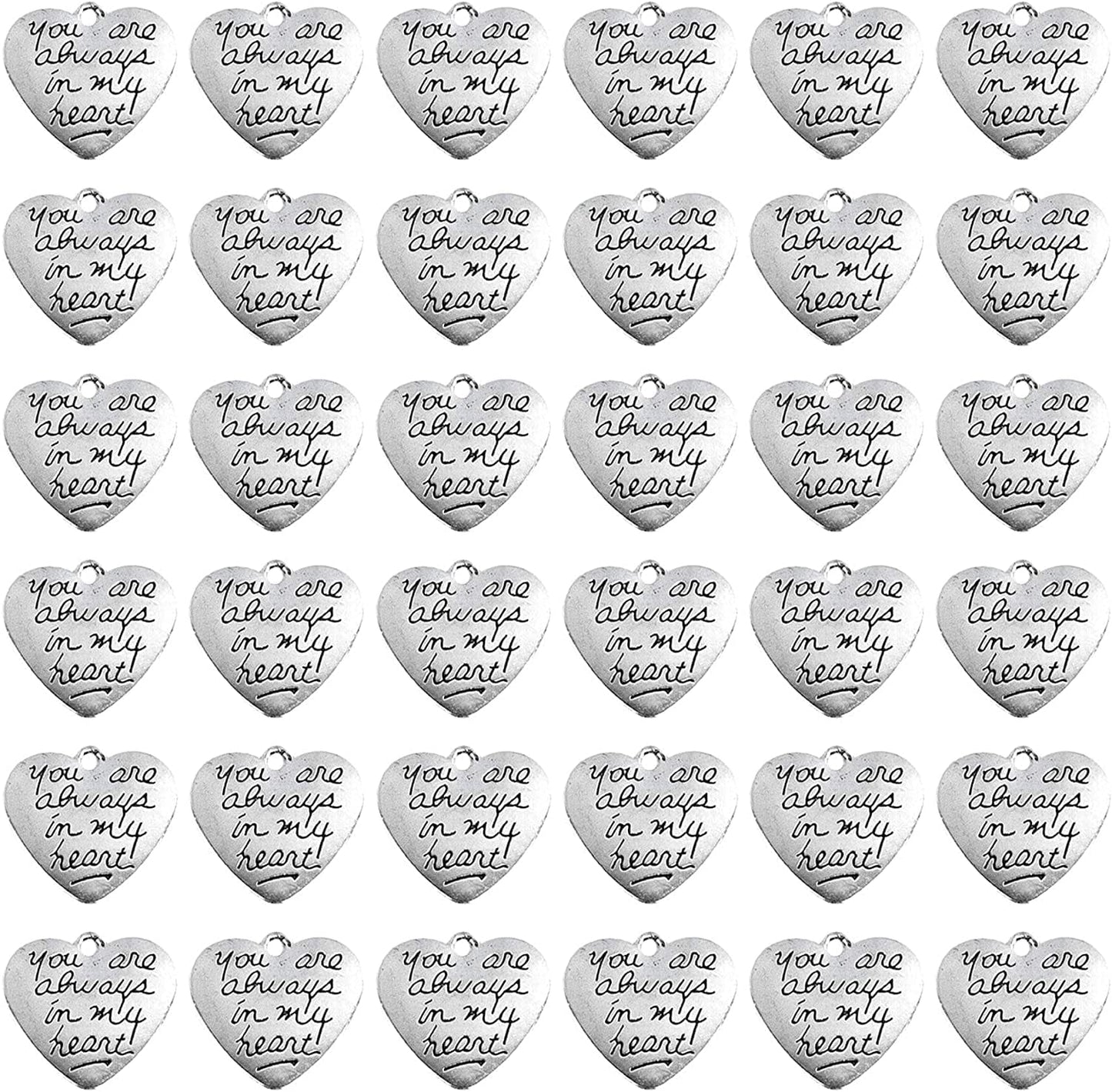 , 40 Pack Alloy You Are Always in My Heart Charms Pendant for Crafting Bracelet Necklace Jewelry Findings Making Accessory Silver