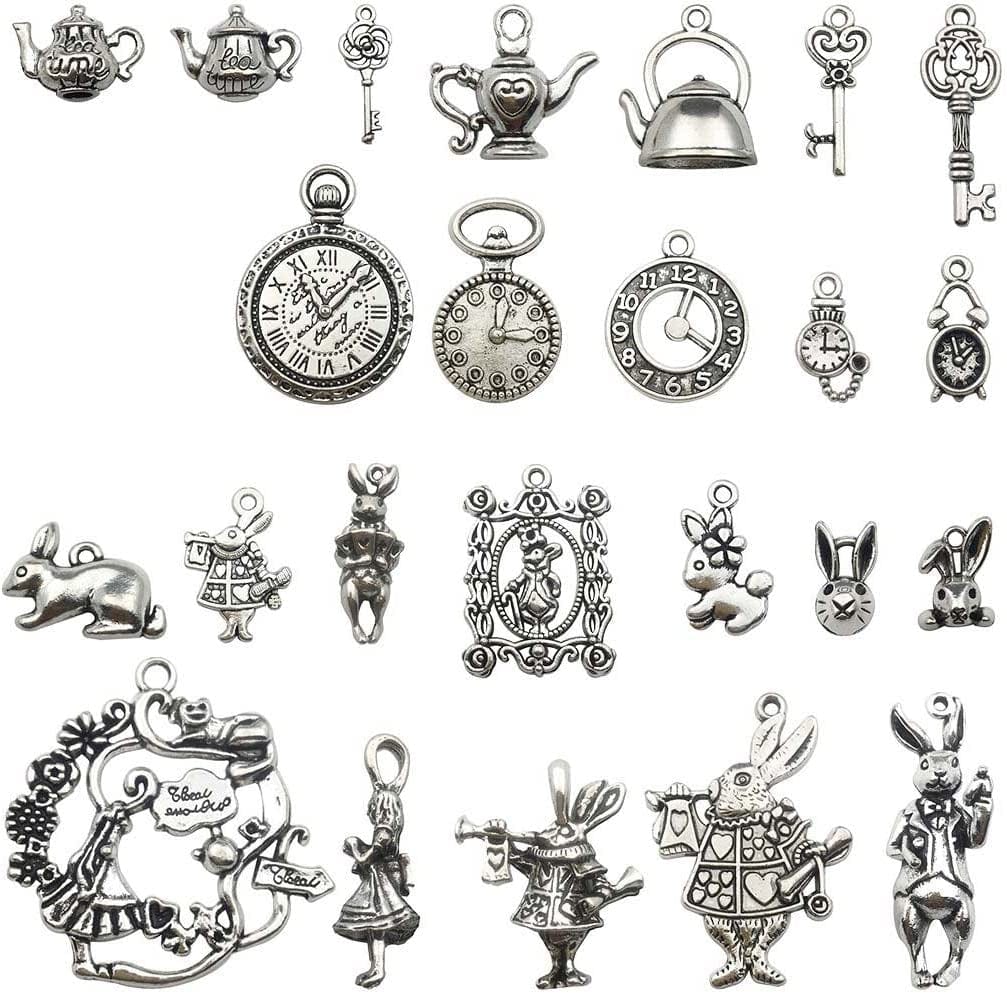 40 PCS Alice in Wonderland Fairy Charms Collection - Antique Alice Rabbit Steampunk Skeleton Keys Pendants Jewelry Findings (Bronze HM76) Silver