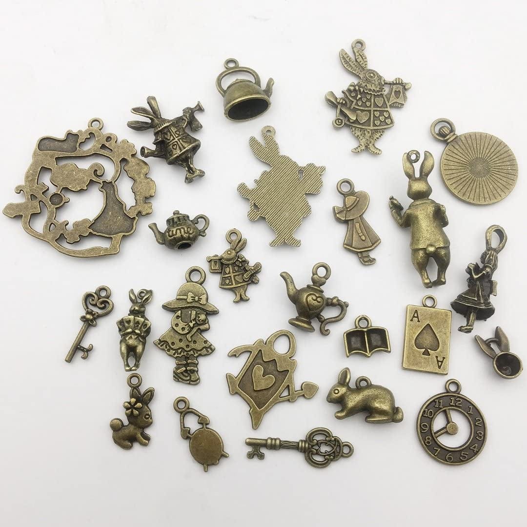 40 PCS Alice in Wonderland Fairy Charms Collection - Antique Alice Rabbit Steampunk Skeleton Keys Pendants Jewelry Findings (Bronze HM76)