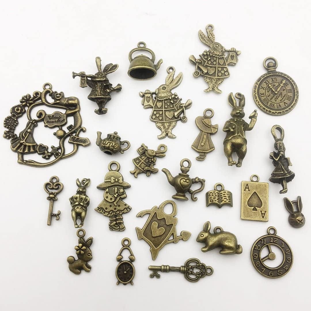 40 PCS Alice in Wonderland Fairy Charms Collection - Antique Alice Rabbit Steampunk Skeleton Keys Pendants Jewelry Findings (Bronze HM76)