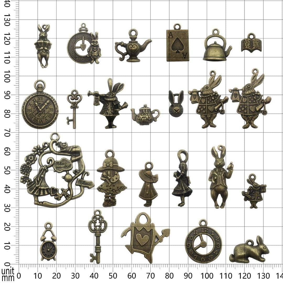 40 PCS Alice in Wonderland Fairy Charms Collection - Antique Alice Rabbit Steampunk Skeleton Keys Pendants Jewelry Findings (Bronze HM76)