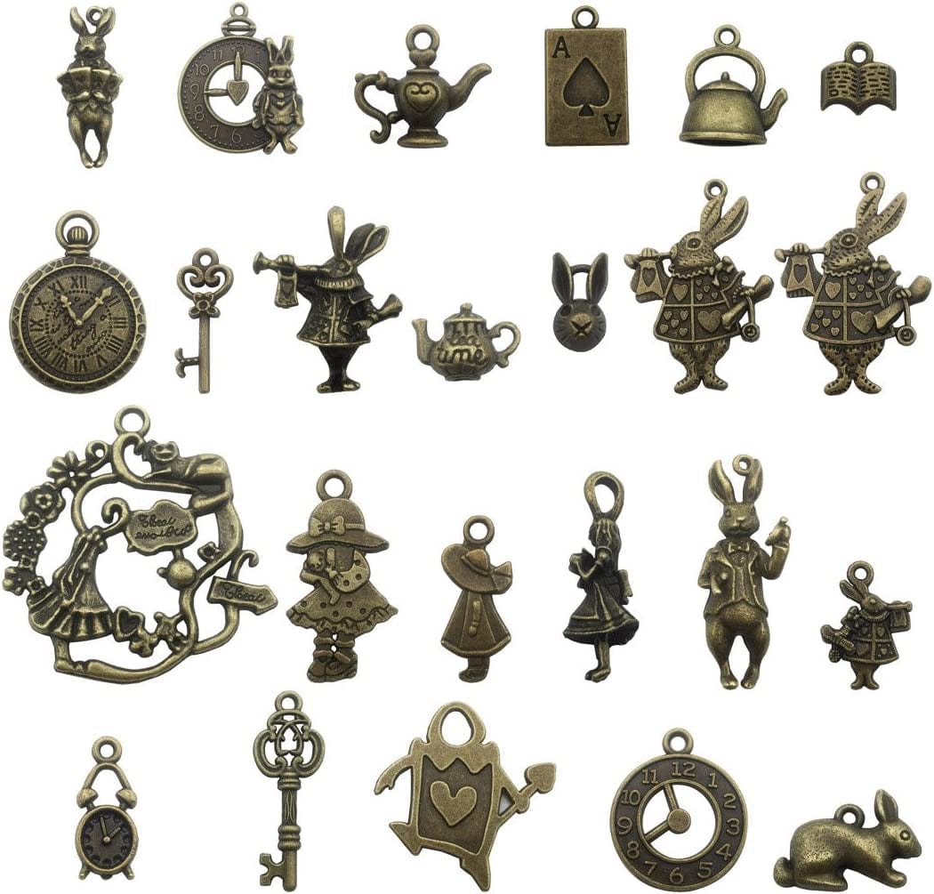 40 PCS Alice in Wonderland Fairy Charms Collection - Antique Alice Rabbit Steampunk Skeleton Keys Pendants Jewelry Findings (Bronze HM76) Bronze