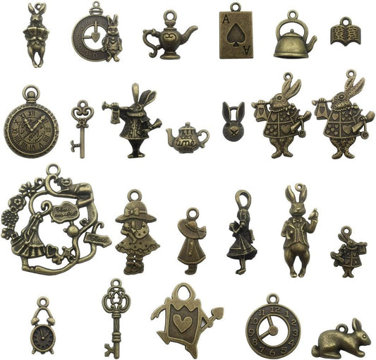 40 PCS Alice in Wonderland Fairy Charms Collection - Antique Alice Rabbit Steampunk Skeleton Keys Pendants Jewelry Findings (Bronze HM76) Bronze