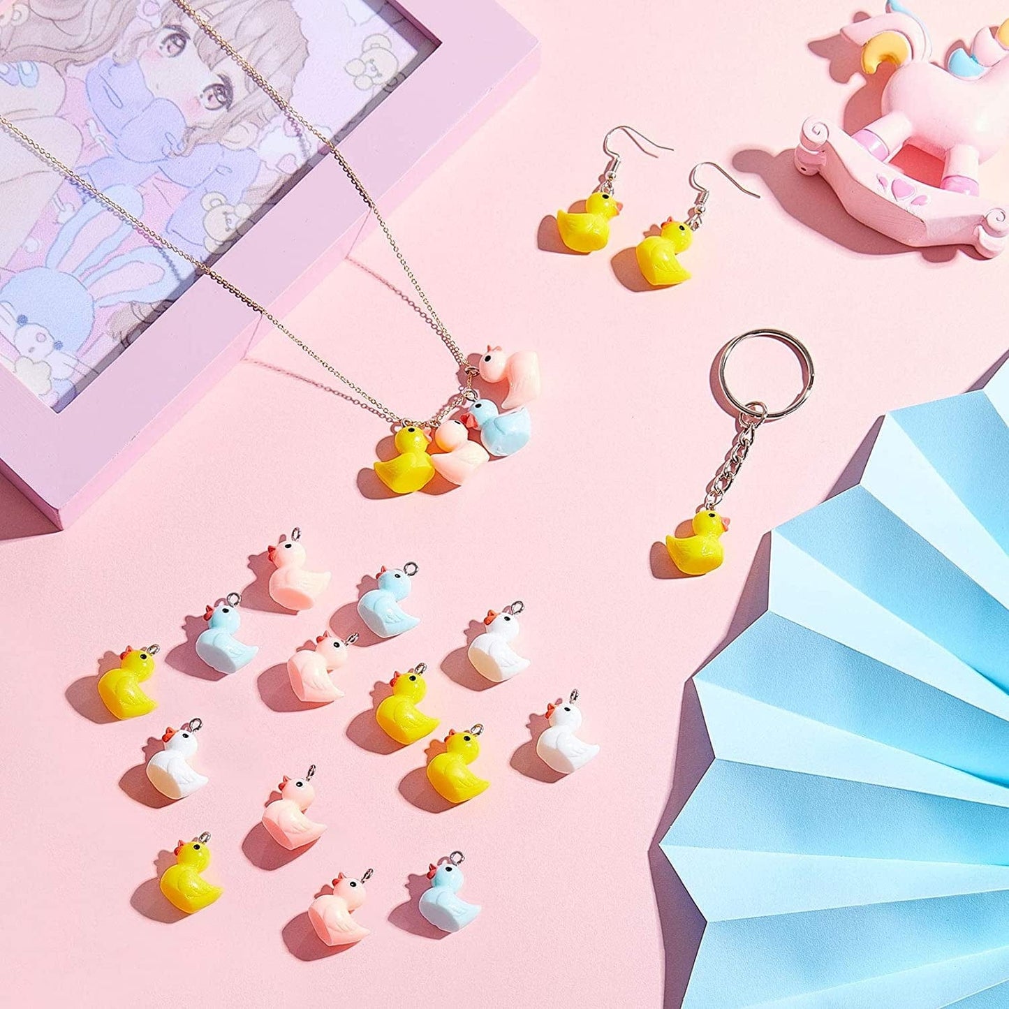 40 Pieces Slime Charms Ducks Mini Resin Ducks Resin Duck Charms Pendants Findings Charm DIY Duck Pendants for Bracelet Necklace Earrings Keychain Crafts (Yellow, Blue, Pink, White)
