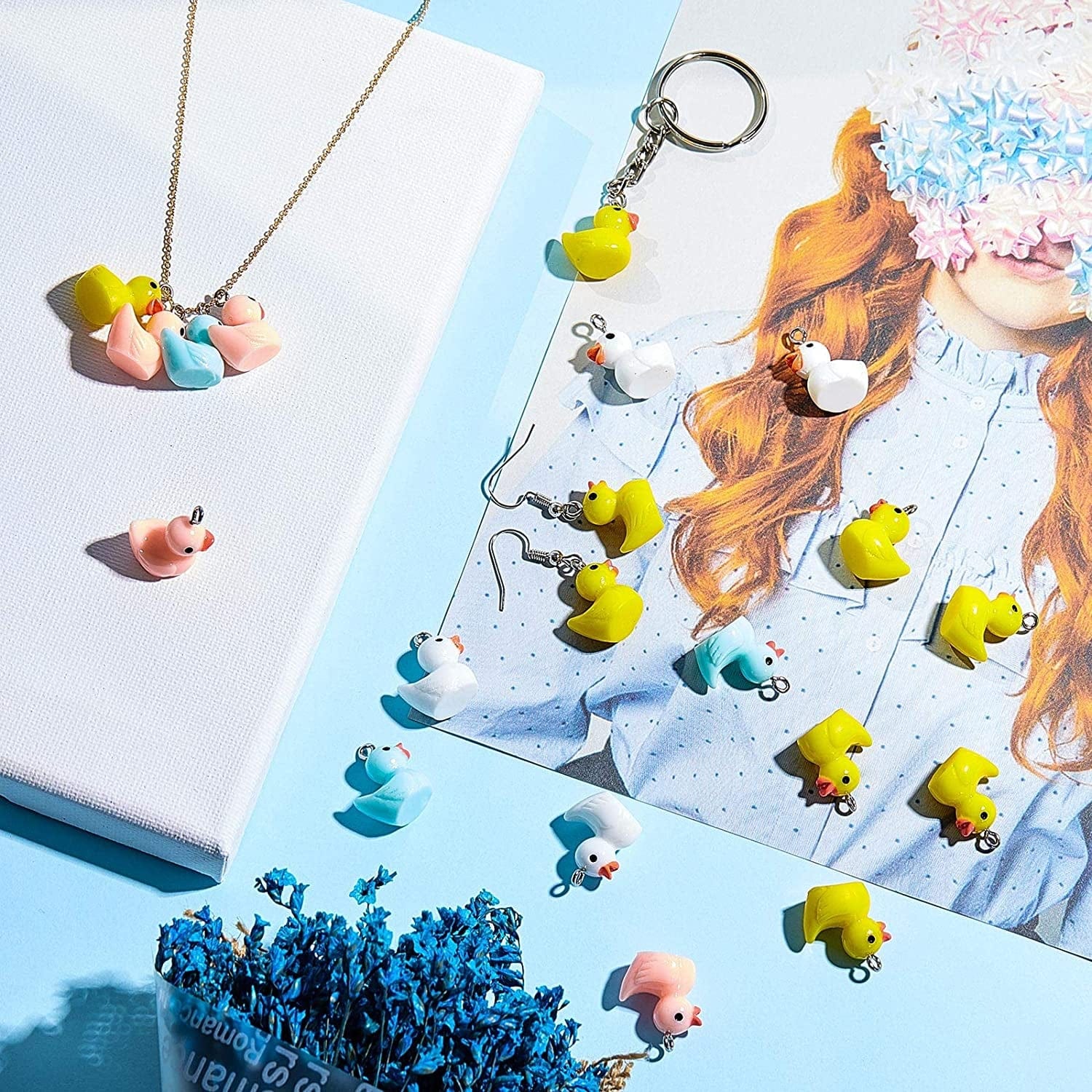 40 Pieces Slime Charms Ducks Mini Resin Ducks Resin Duck Charms Pendants Findings Charm DIY Duck Pendants for Bracelet Necklace Earrings Keychain Crafts (Yellow, Blue, Pink, White)