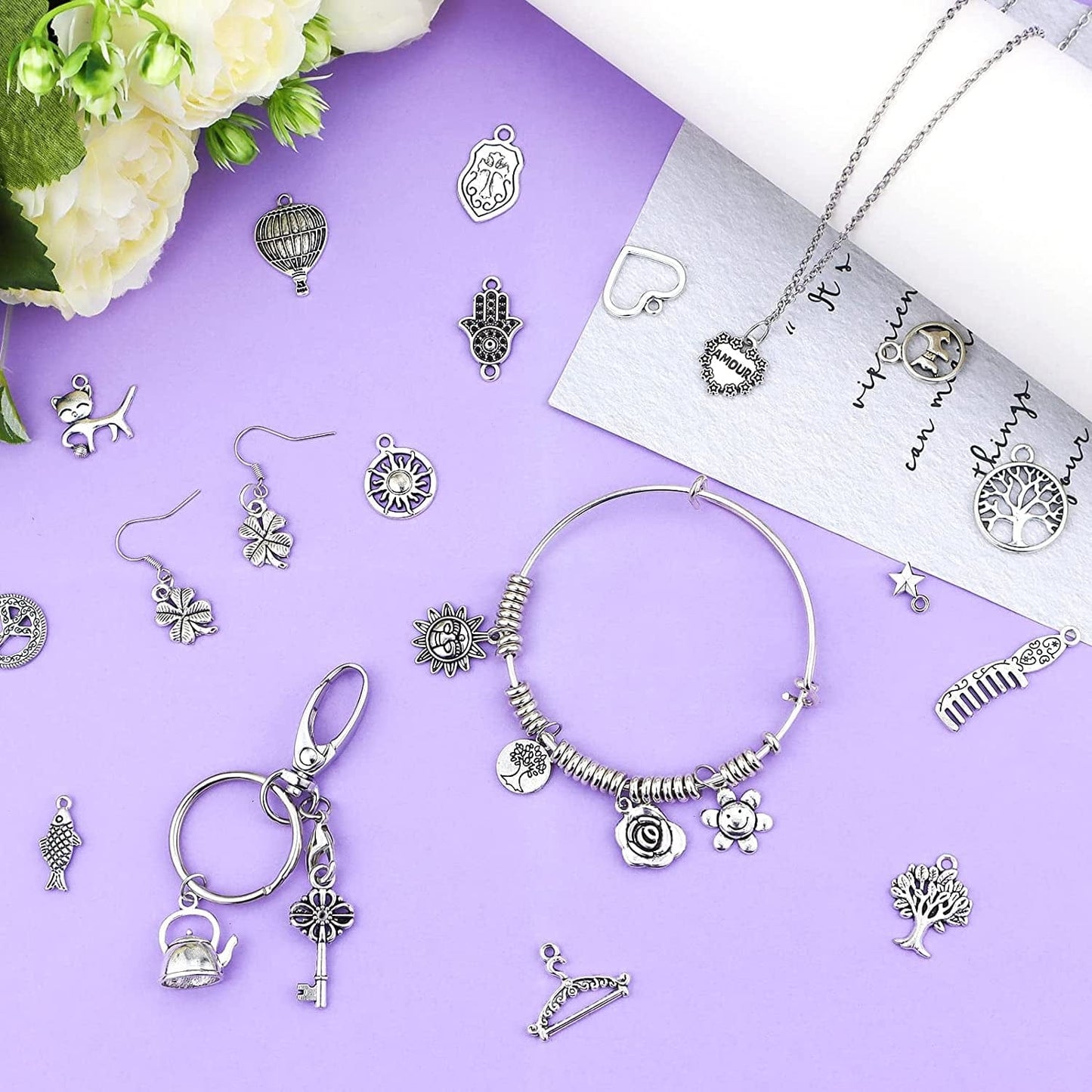 400 PCS Wholesale Bulk Lots Jewelry Making Charms Mixed Smooth Tibetan Silver Alloy Charms Pendants DIY for Bracelet Necklace Jewelry Making and Crafting