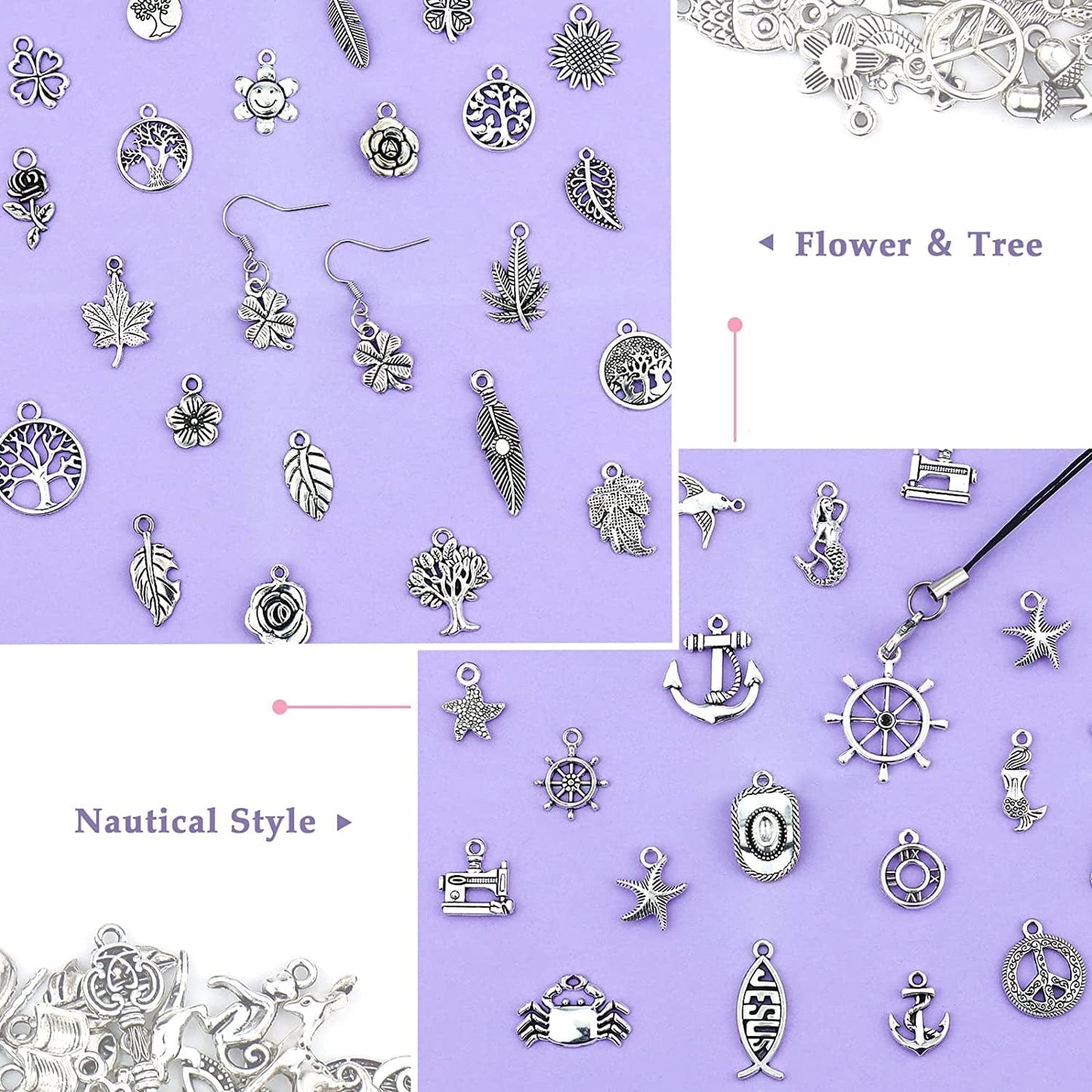 400 PCS Wholesale Bulk Lots Jewelry Making Charms Mixed Smooth Tibetan Silver Alloy Charms Pendants DIY for Bracelet Necklace Jewelry Making and Crafting