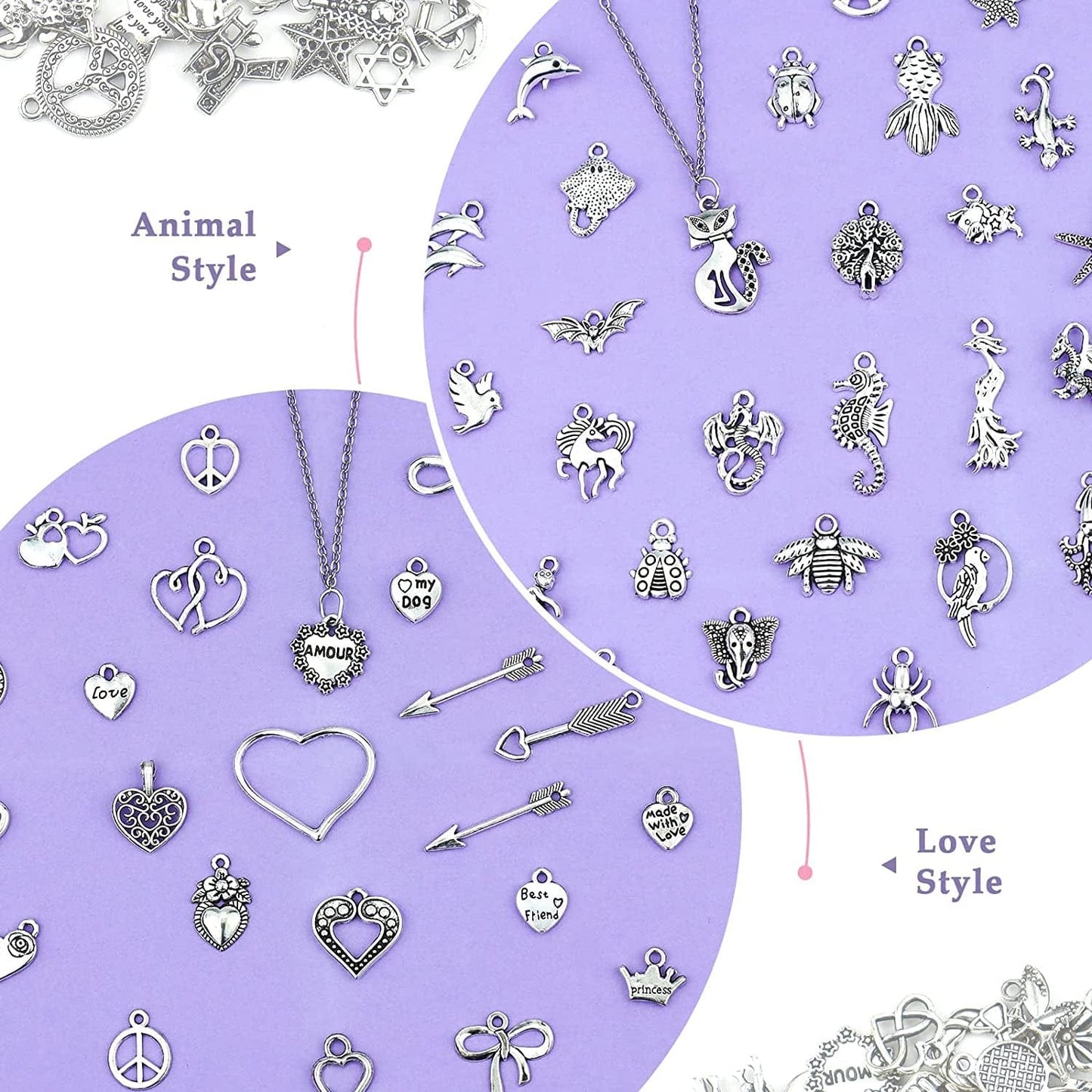 400 PCS Wholesale Bulk Lots Jewelry Making Charms Mixed Smooth Tibetan Silver Alloy Charms Pendants DIY for Bracelet Necklace Jewelry Making and Crafting