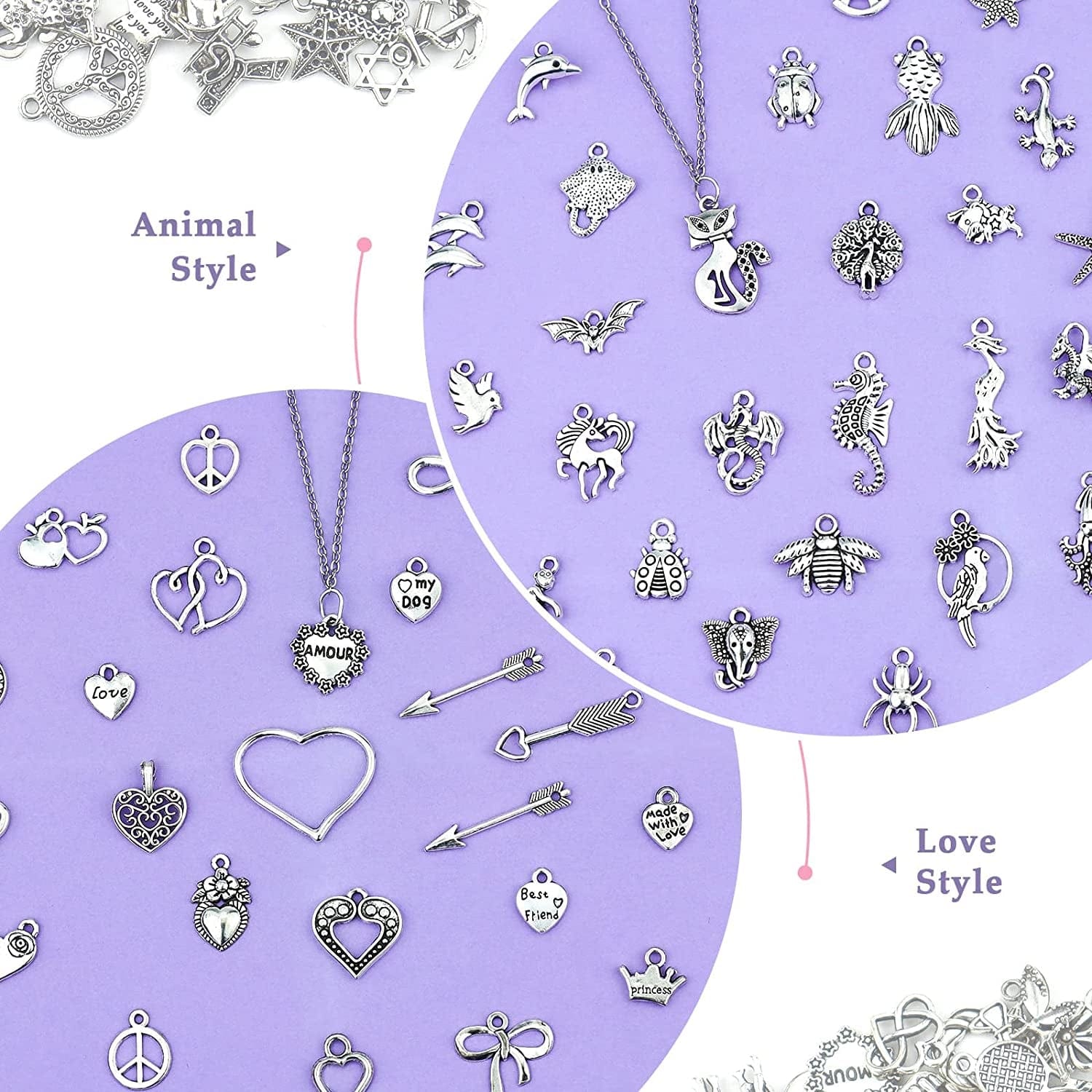 400 PCS Wholesale Bulk Lots Jewelry Making Charms Mixed Smooth Tibetan Silver Alloy Charms Pendants DIY for Bracelet Necklace Jewelry Making and Crafting