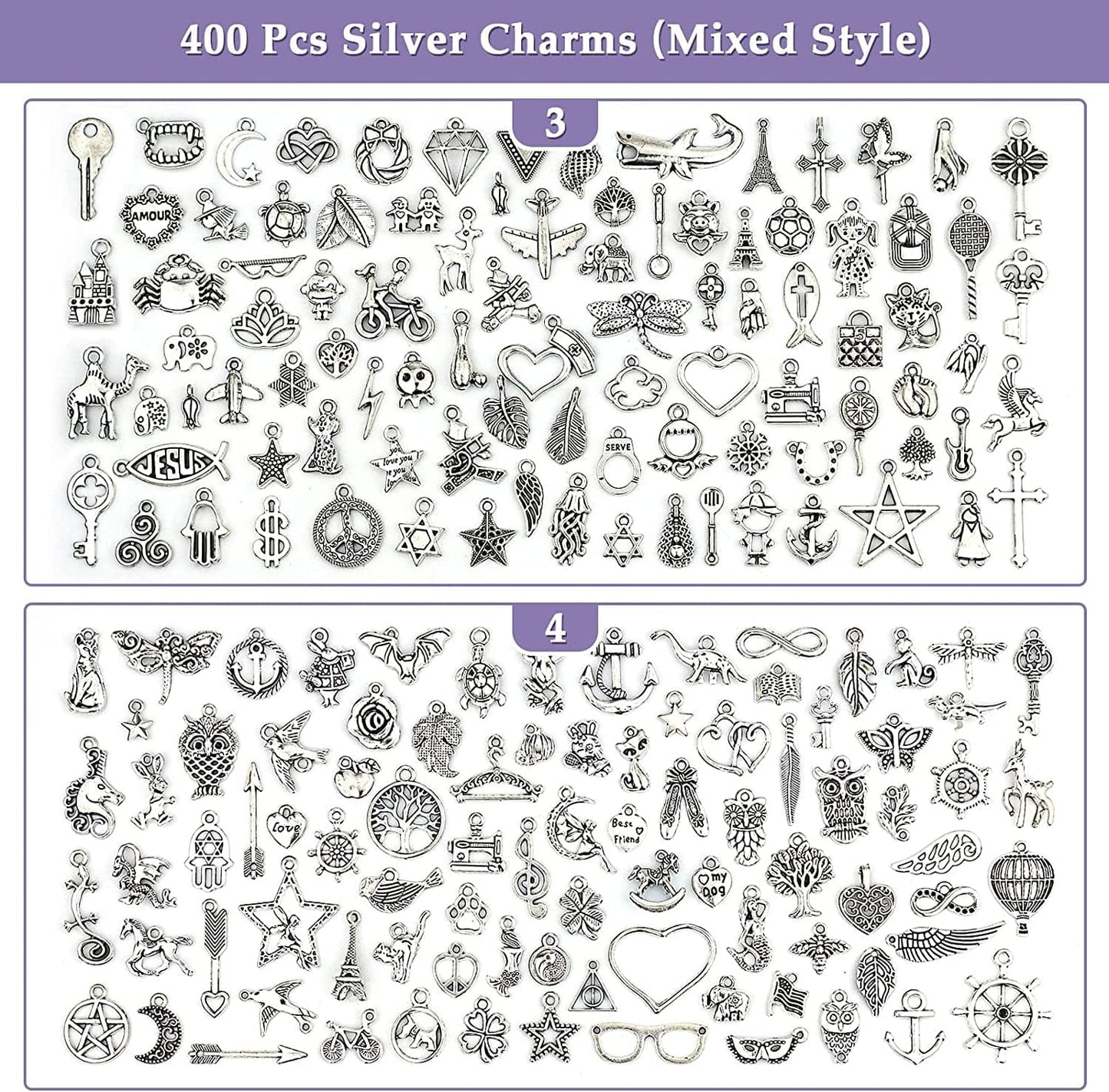 400 PCS Wholesale Bulk Lots Jewelry Making Charms Mixed Smooth Tibetan Silver Alloy Charms Pendants DIY for Bracelet Necklace Jewelry Making and Crafting