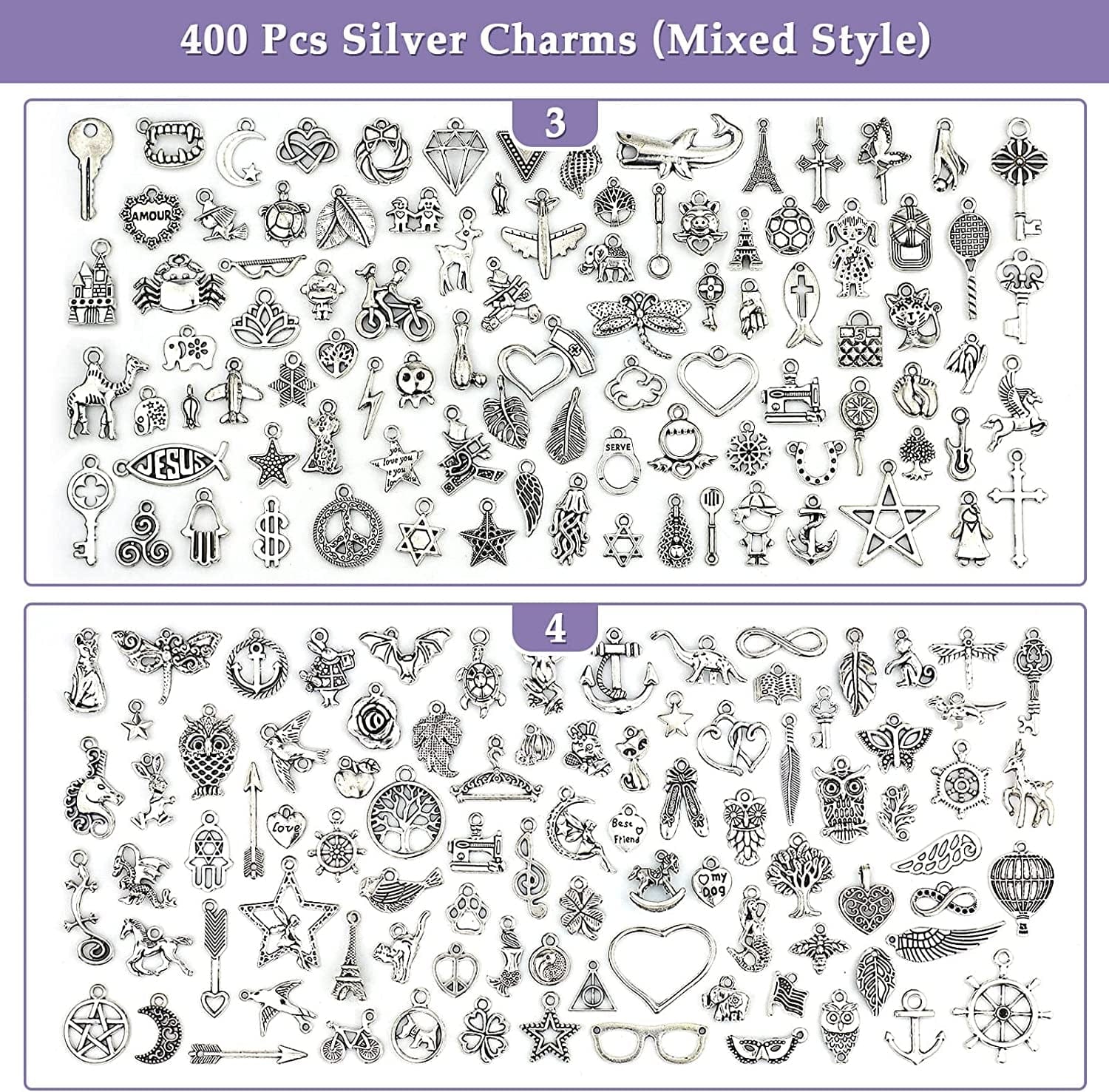 400 PCS Wholesale Bulk Lots Jewelry Making Charms Mixed Smooth Tibetan Silver Alloy Charms Pendants DIY for Bracelet Necklace Jewelry Making and Crafting