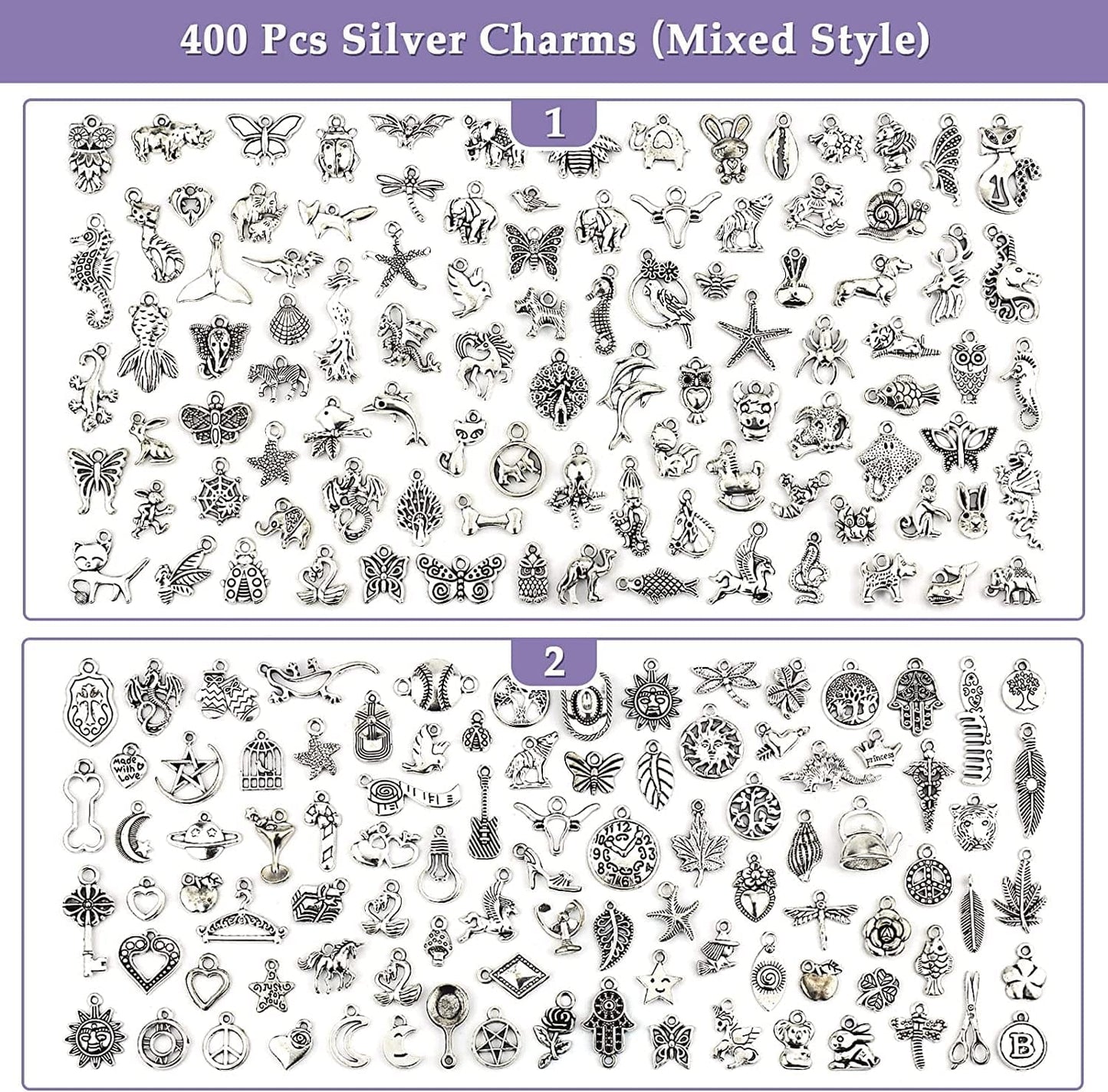 400 PCS Wholesale Bulk Lots Jewelry Making Charms Mixed Smooth Tibetan Silver Alloy Charms Pendants DIY for Bracelet Necklace Jewelry Making and Crafting
