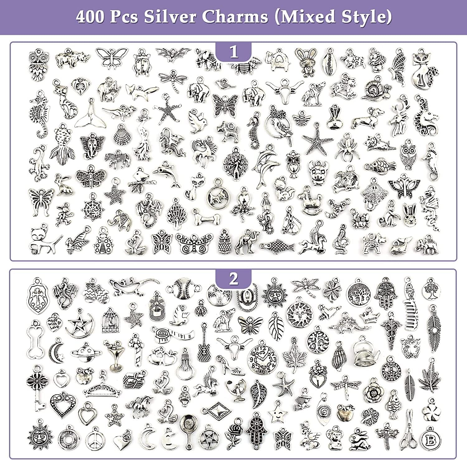 400 PCS Wholesale Bulk Lots Jewelry Making Charms Mixed Smooth Tibetan Silver Alloy Charms Pendants DIY for Bracelet Necklace Jewelry Making and Crafting