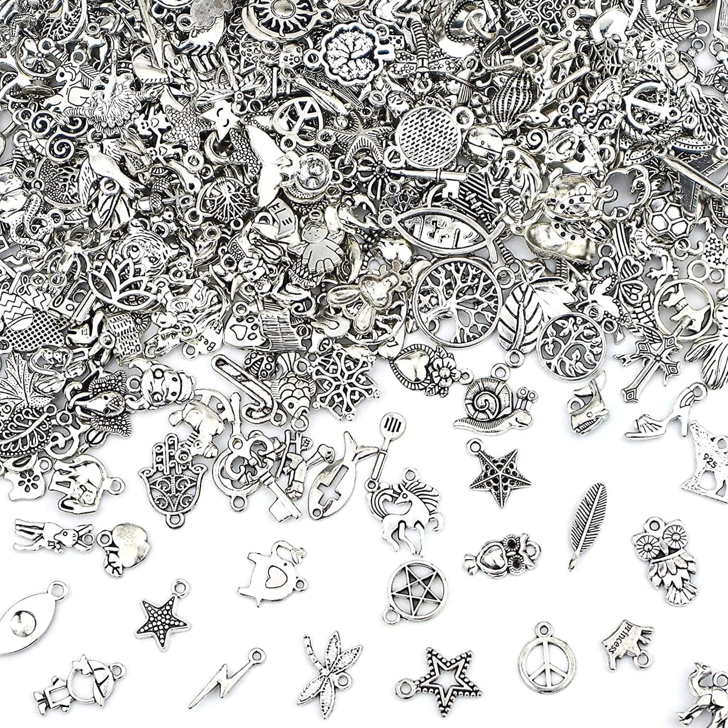 400 PCS Wholesale Bulk Lots Jewelry Making Charms Mixed Smooth Tibetan Silver Alloy Charms Pendants DIY for Bracelet Necklace Jewelry Making and Crafting