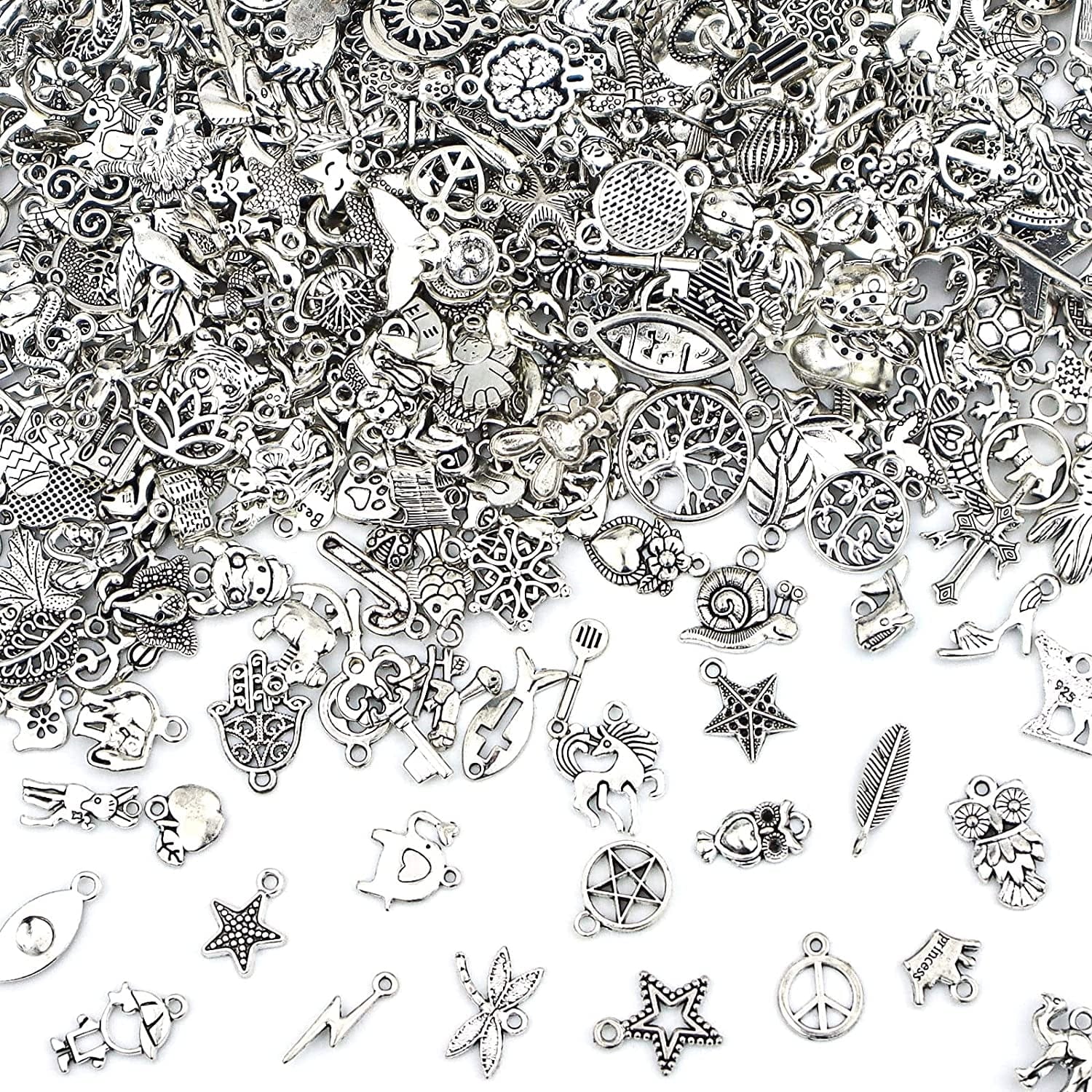 400 PCS Wholesale Bulk Lots Jewelry Making Charms Mixed Smooth Tibetan Silver Alloy Charms Pendants DIY for Bracelet Necklace Jewelry Making and Crafting
