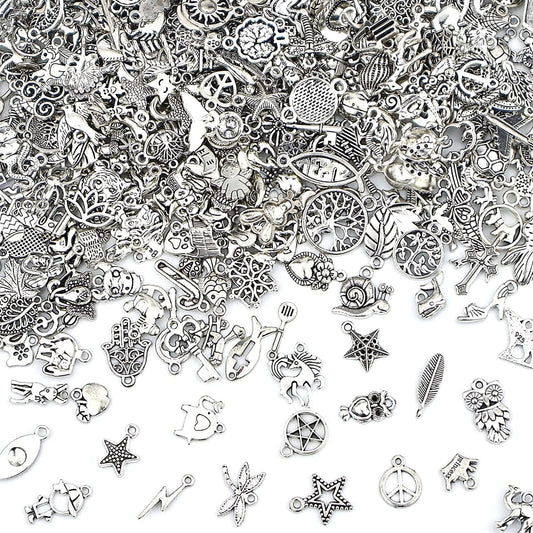400 PCS Wholesale Bulk Lots Jewelry Making Charms Mixed Smooth Tibetan Silver Alloy Charms Pendants DIY for Bracelet Necklace Jewelry Making and Crafting