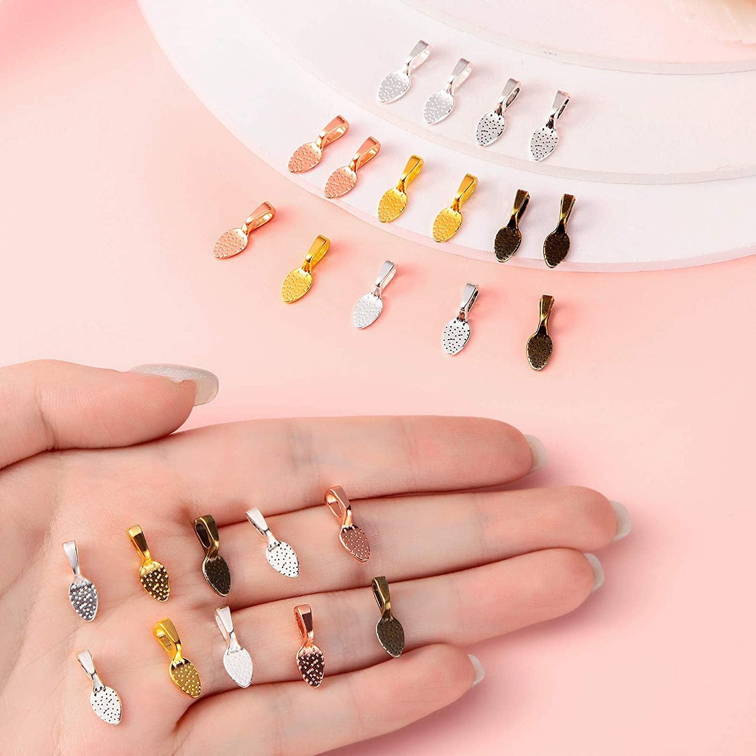 400 Pieces Spoon Glue on Bails Pendants Oval Jewelry Glue on Earring Bails Pendants Small Spoon Bail Earring Charms for Jewelry Crafts Making Supplies,15 X 5 Mm, 5 Colors