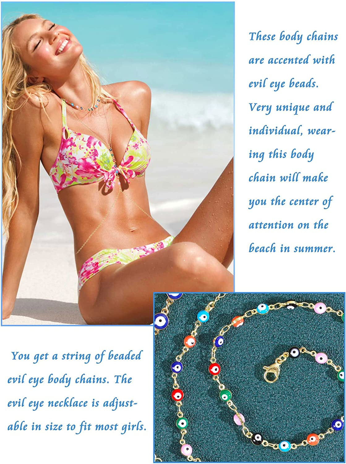 Evil Eye Body Chain Necklace Evil Eye Necklace for Women Boho Body Chain Beach Bikini Waist Chain Body Jewelry for Summer Holiday Apparel & Accessories > Jewelry > Body Jewelry HUASAI