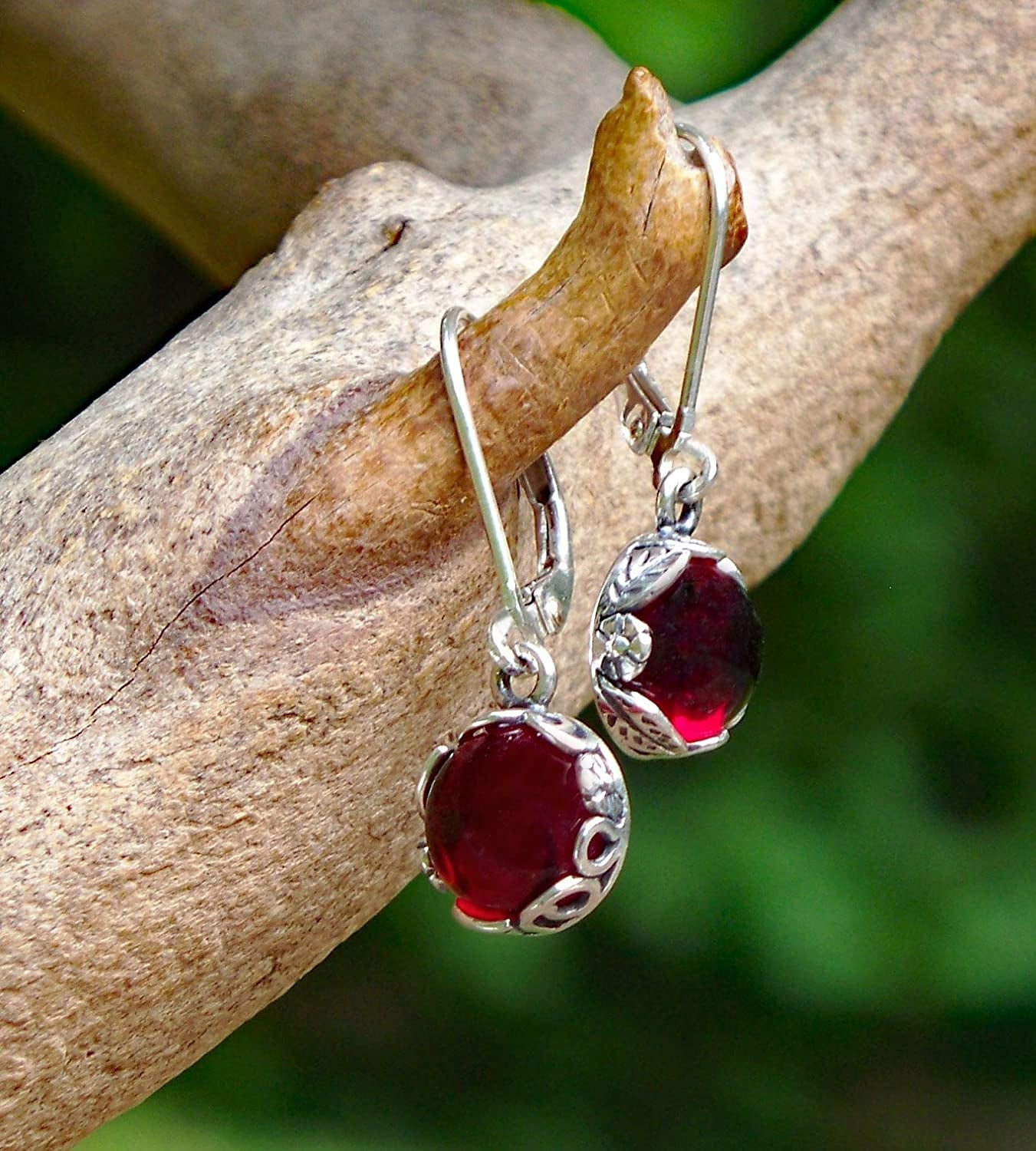 Recycled Vintage 1940'S Red Beer Bottle Sterling Silver Botanical Leverback Earrings Apparel & Accessories > Jewelry > Earrings Bottled Up Designs