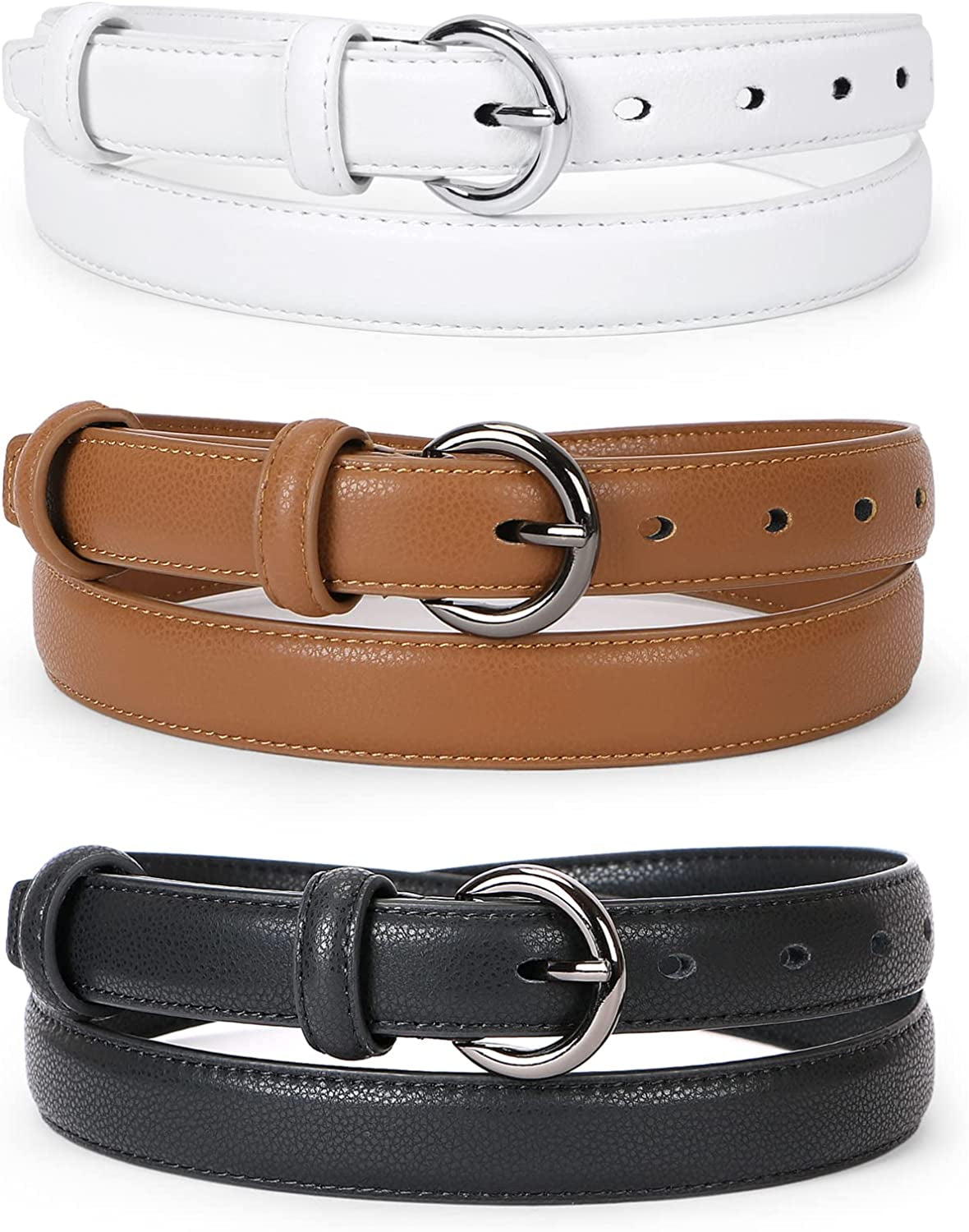 WERFORU 2 Pack Women Leather Belt Waist Skinny Dress Belts Solid Pin Buckle Belt for Jeans Pants Apparel & Accessories > Clothing Accessories > Belts WERFORU L-black+brown+white Fit Size 30"-34"