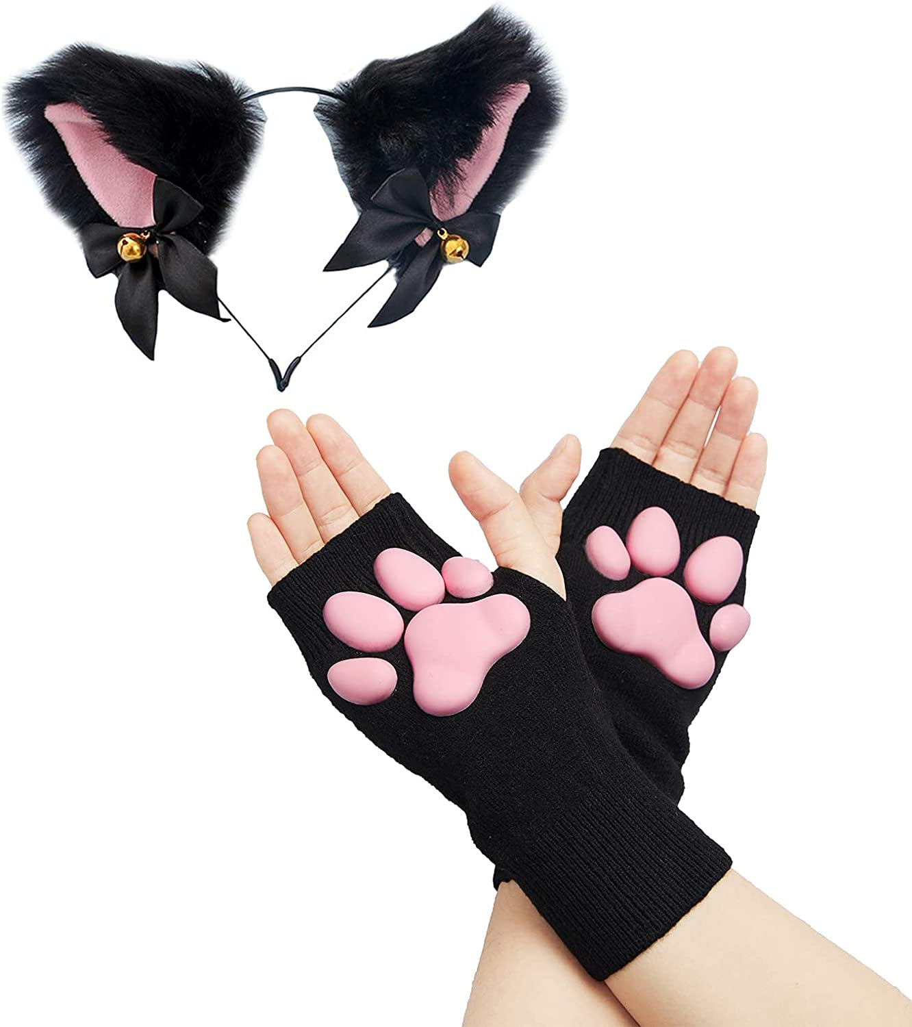 Cute Cat Paw Mittens Gloves, Kawaii Cat Cosplay Kawaii Soft 3D Toes Beans Fingerless Cat Claw Paws Pad Sleeve Apparel & Accessories > Clothing Accessories > Gloves & Mittens HOMEGYMFREE Black Short+ears