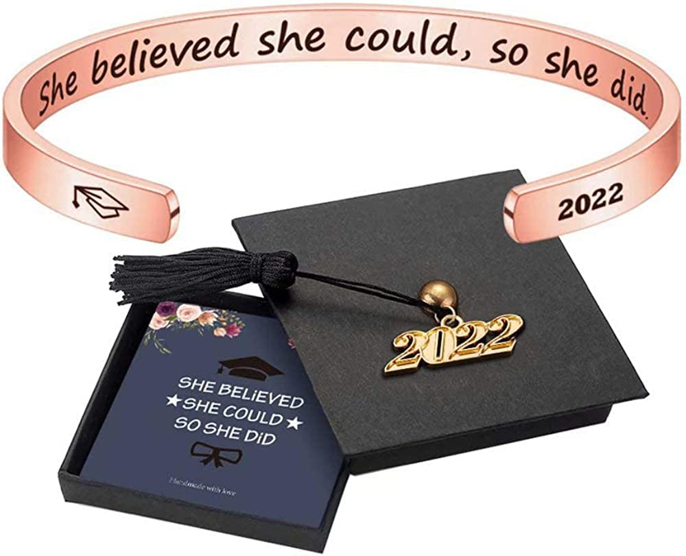 M MOOHAM Graduation Gifts for Her Him 2022, Inspirational Graduation Bracelets Class of 2022 High School College Graduation Gifts for Her with Graduation Box Apparel & Accessories > Jewelry > Bracelets M MOOHAM " With Box -She Believed She Could so She Did(Rose Gold)