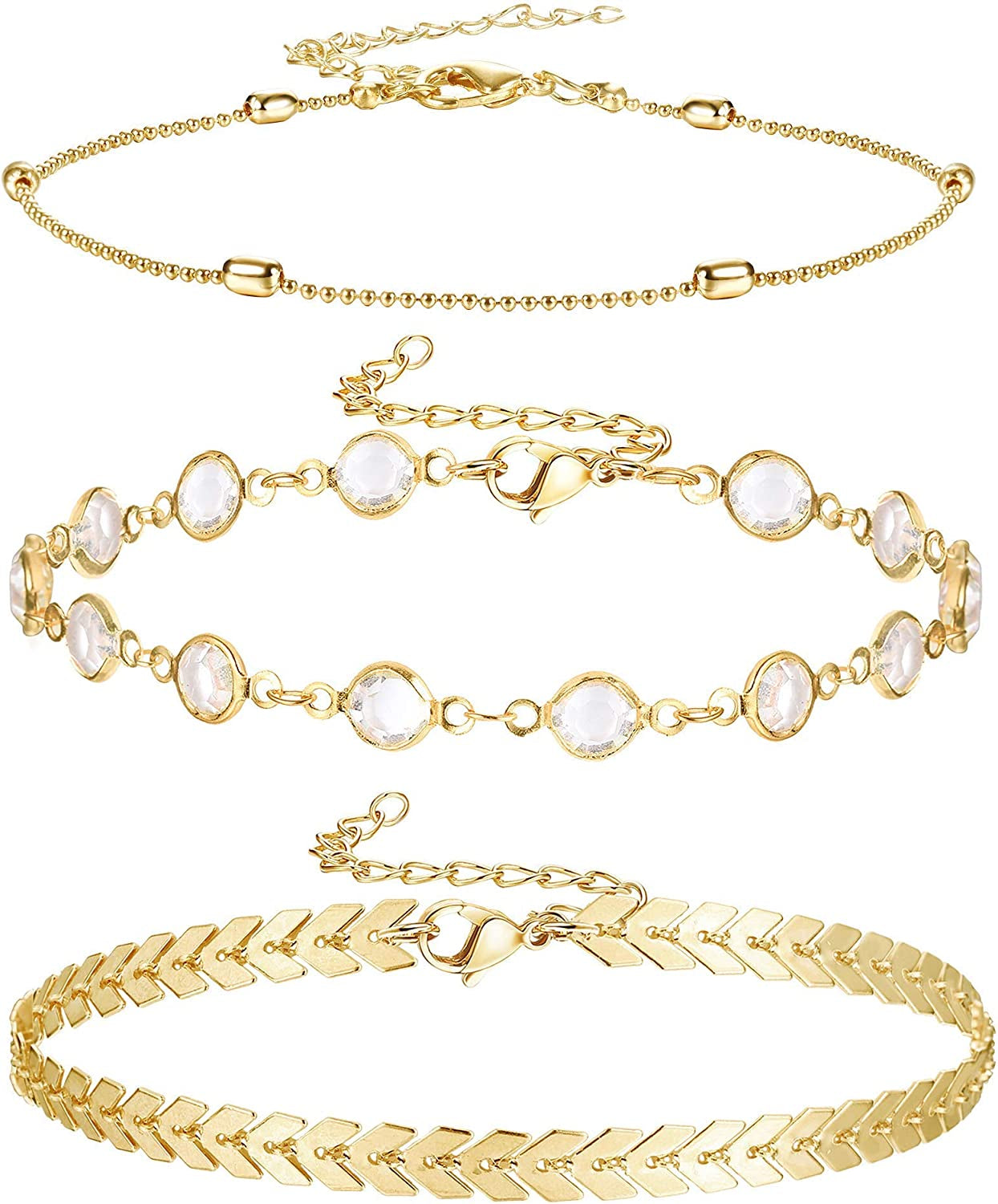 Jstyle 3Pcs Gold Anklet for Women Figaro/Herringbone/Cuban/Paperclip Link Chain Ankle Bracelet Adjustable Beach Foot Jewelry Apparel & Accessories > Jewelry > Anklets Jstyle B