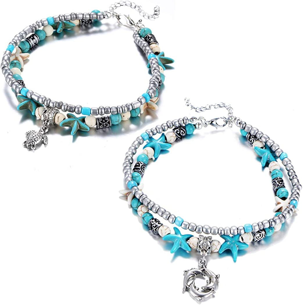 Starain Blue Turtle Anklets for Women Girls Multilayer Beads Handmade Beach Ankle Bracelet Set Boho Foot Jewelry Apparel & Accessories > Jewelry > Anklets Starain 2 Pcs Charm Beach Anklet