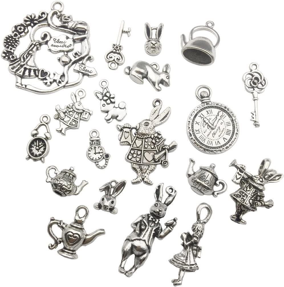 40PCS Alice in Wonderland Fairy Charms Collection-Antique Silver Alice in Wonderland Fairy Tales Tea Party Steampunk Charms Pendant for Victorian Necklace Bracelet Jewelry Making (CFM077) Assorted,Silver