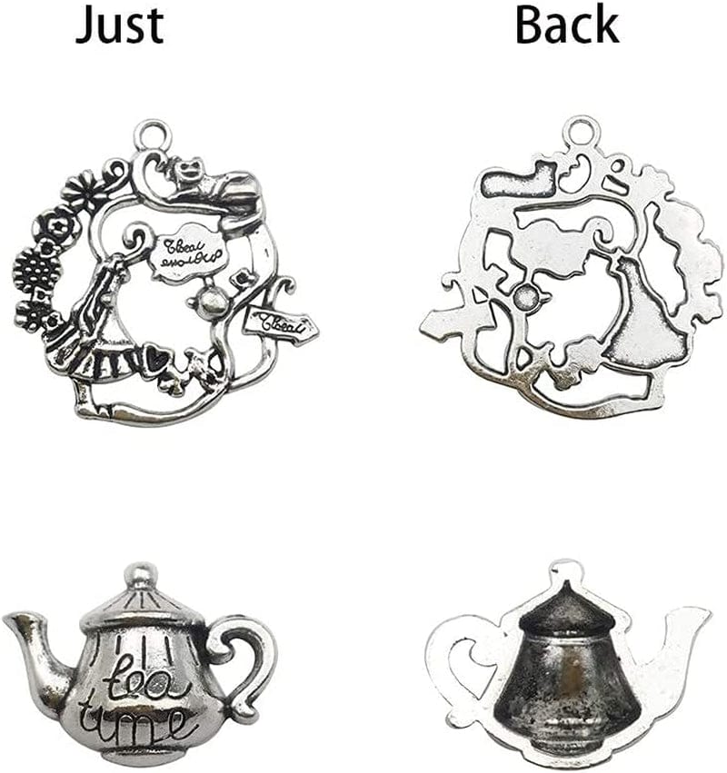 40PCS Alice in Wonderland Fairy Charms Collection-Antique Silver Alice in Wonderland Fairy Tales Tea Party Steampunk Charms Pendant for Victorian Necklace Bracelet Jewelry Making (CFM077) Assorted,Silver