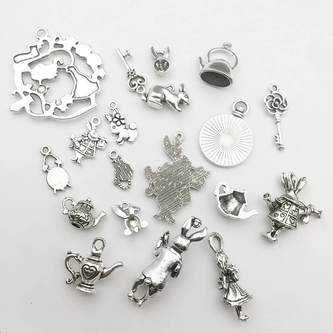 40PCS Alice in Wonderland Fairy Charms Collection-Antique Silver Alice in Wonderland Fairy Tales Tea Party Steampunk Charms Pendant for Victorian Necklace Bracelet Jewelry Making (CFM077) Assorted,Silver