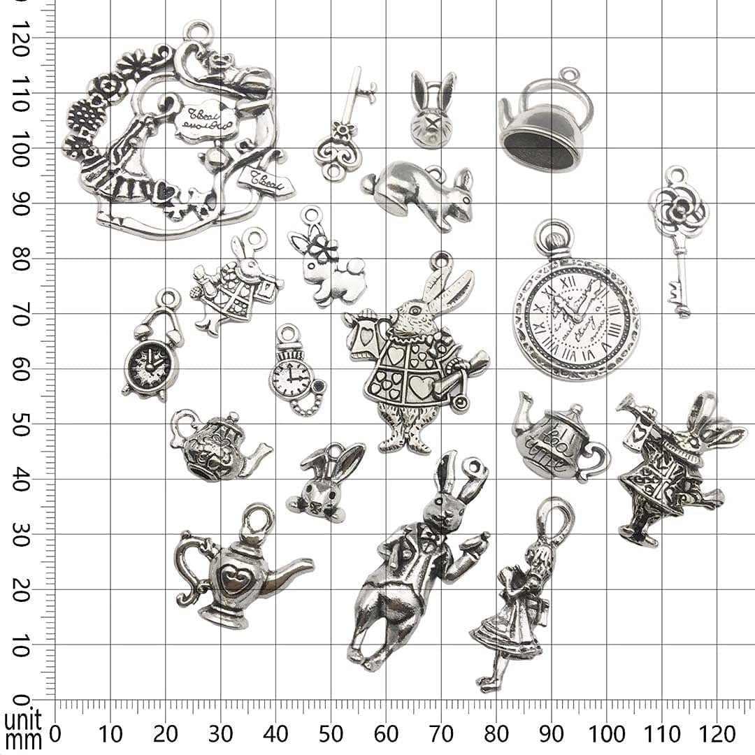40PCS Alice in Wonderland Fairy Charms Collection-Antique Silver Alice in Wonderland Fairy Tales Tea Party Steampunk Charms Pendant for Victorian Necklace Bracelet Jewelry Making (CFM077) Assorted,Silver