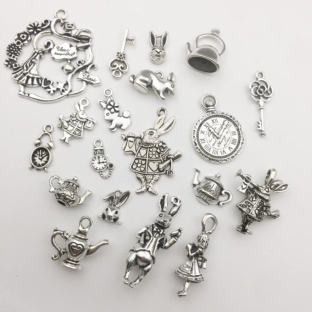 40PCS Alice in Wonderland Fairy Charms Collection-Antique Silver Alice in Wonderland Fairy Tales Tea Party Steampunk Charms Pendant for Victorian Necklace Bracelet Jewelry Making (CFM077) Assorted,Silver