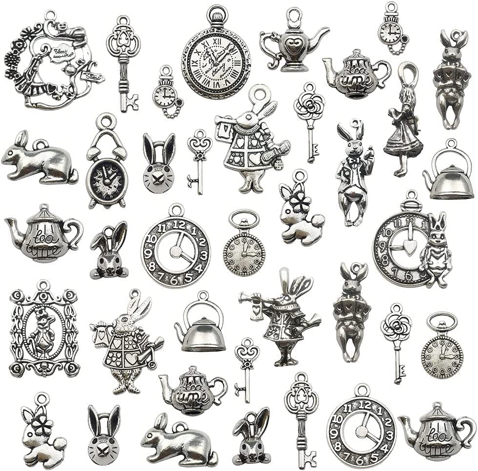 40PCS Alice in Wonderland Fairy Charms Collection-Antique Silver Alice in Wonderland Fairy Tales Tea Party Steampunk Charms Pendant for Victorian Necklace Bracelet Jewelry Making (CFM077) Assorted,Silver