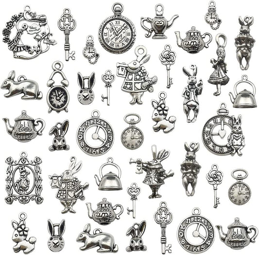 40PCS Alice in Wonderland Fairy Charms Collection-Antique Silver Alice in Wonderland Fairy Tales Tea Party Steampunk Charms Pendant for Victorian Necklace Bracelet Jewelry Making (CFM077) Assorted,Silver