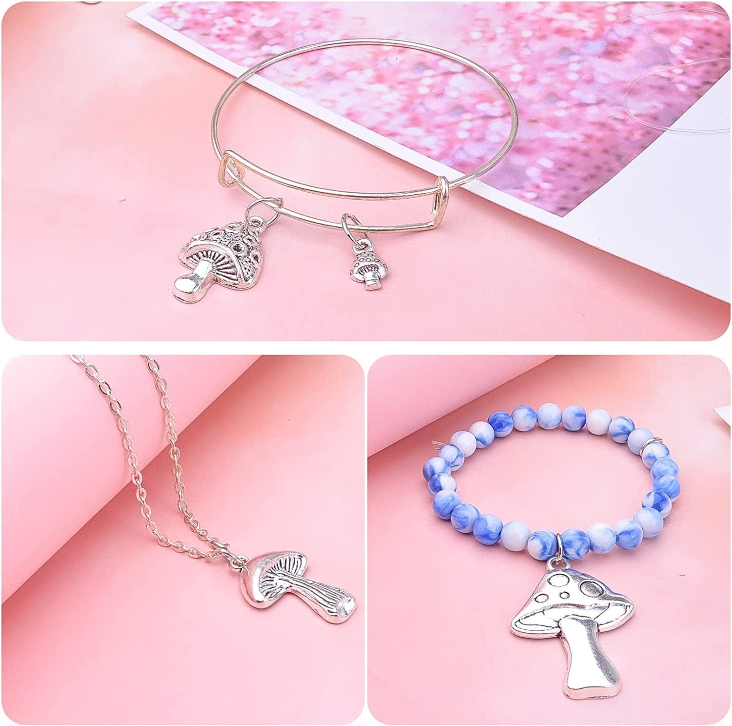 40Pcs Antique Silver Mushroom Charms Pendants Tibetan Alloy Vintage Mushroom Bead Charms Jewelry Making Accessories for DIY Necklace Bracelet Earrings, 4 Styles