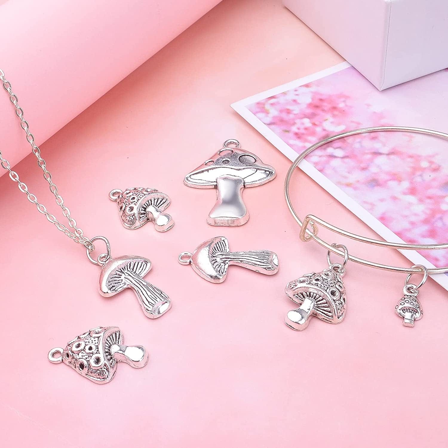 40Pcs Antique Silver Mushroom Charms Pendants Tibetan Alloy Vintage Mushroom Bead Charms Jewelry Making Accessories for DIY Necklace Bracelet Earrings, 4 Styles