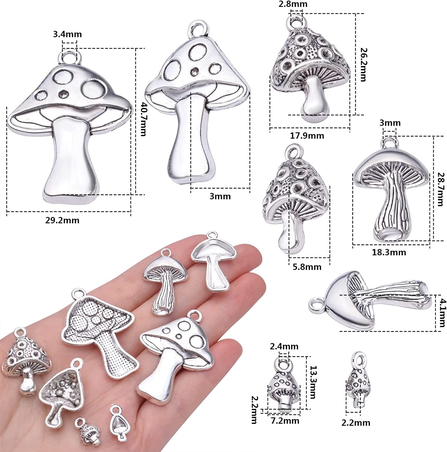 40Pcs Antique Silver Mushroom Charms Pendants Tibetan Alloy Vintage Mushroom Bead Charms Jewelry Making Accessories for DIY Necklace Bracelet Earrings, 4 Styles