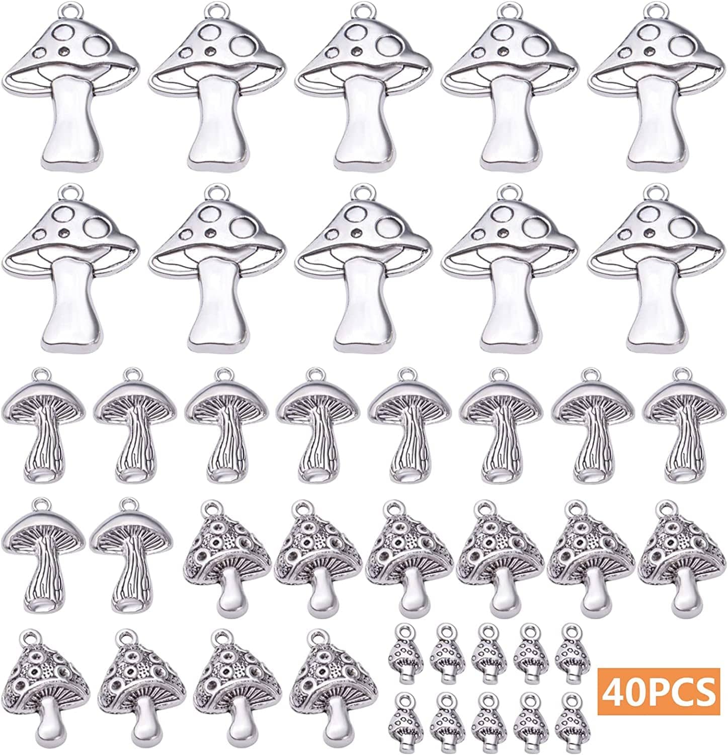 40Pcs Antique Silver Mushroom Charms Pendants Tibetan Alloy Vintage Mushroom Bead Charms Jewelry Making Accessories for DIY Necklace Bracelet Earrings, 4 Styles
