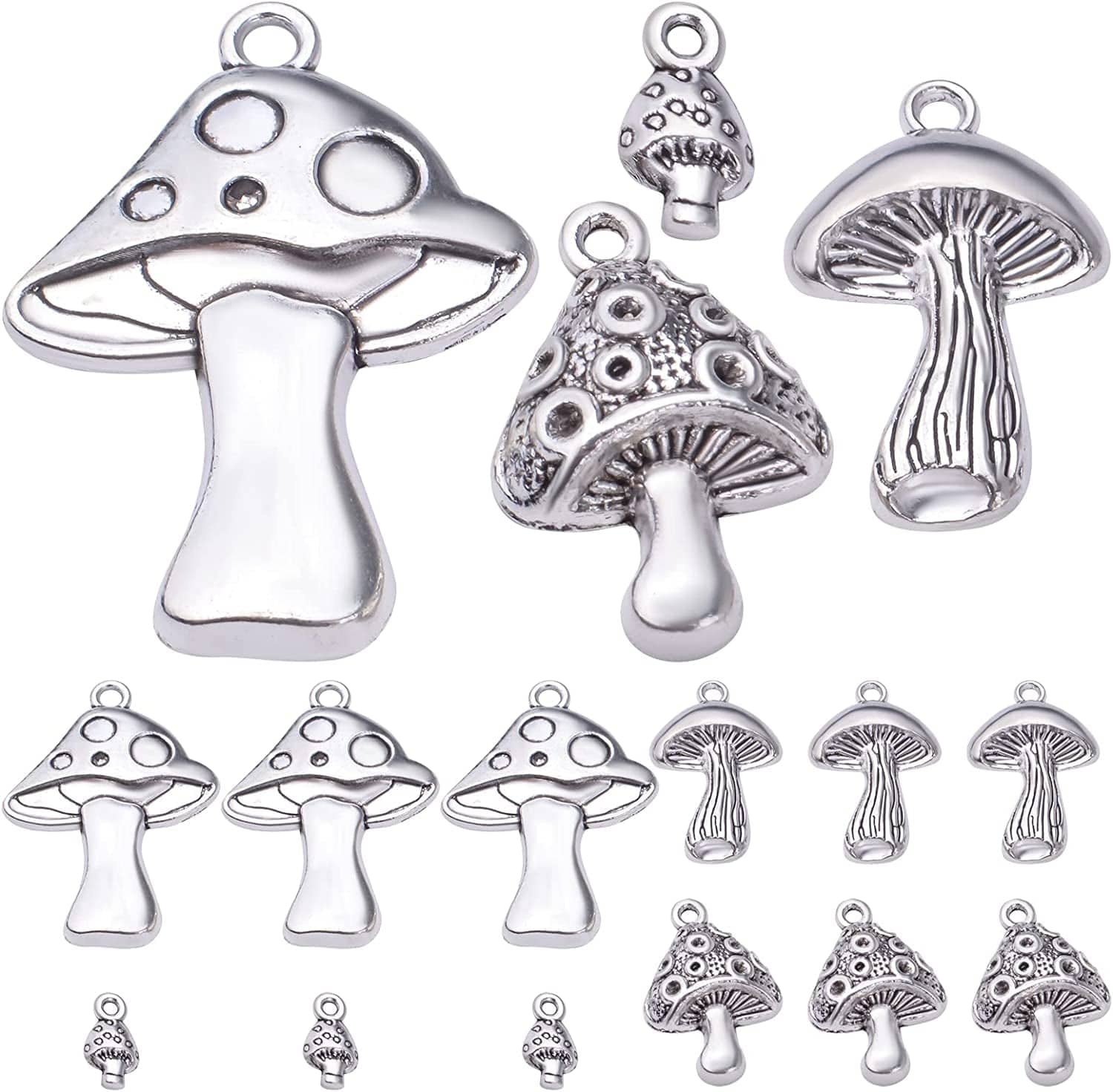40Pcs Antique Silver Mushroom Charms Pendants Tibetan Alloy Vintage Mushroom Bead Charms Jewelry Making Accessories for DIY Necklace Bracelet Earrings, 4 Styles