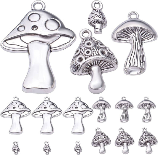 40Pcs Antique Silver Mushroom Charms Pendants Tibetan Alloy Vintage Mushroom Bead Charms Jewelry Making Accessories for DIY Necklace Bracelet Earrings, 4 Styles