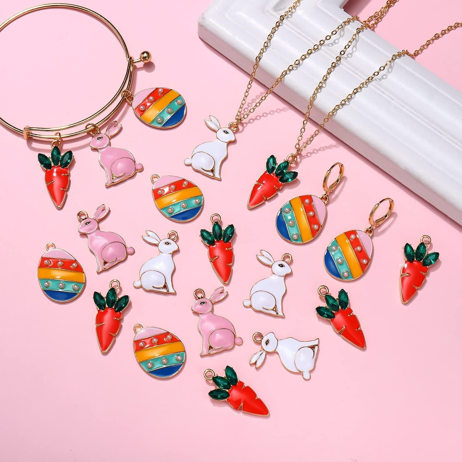 40PCS Easter Charms Enamel Bunny Carrot Egg Pendant Charms for Jewelry Making Cute Meatl Animal Rabbit Charms for Necklace Bracelet Earring Making DIY Crafts