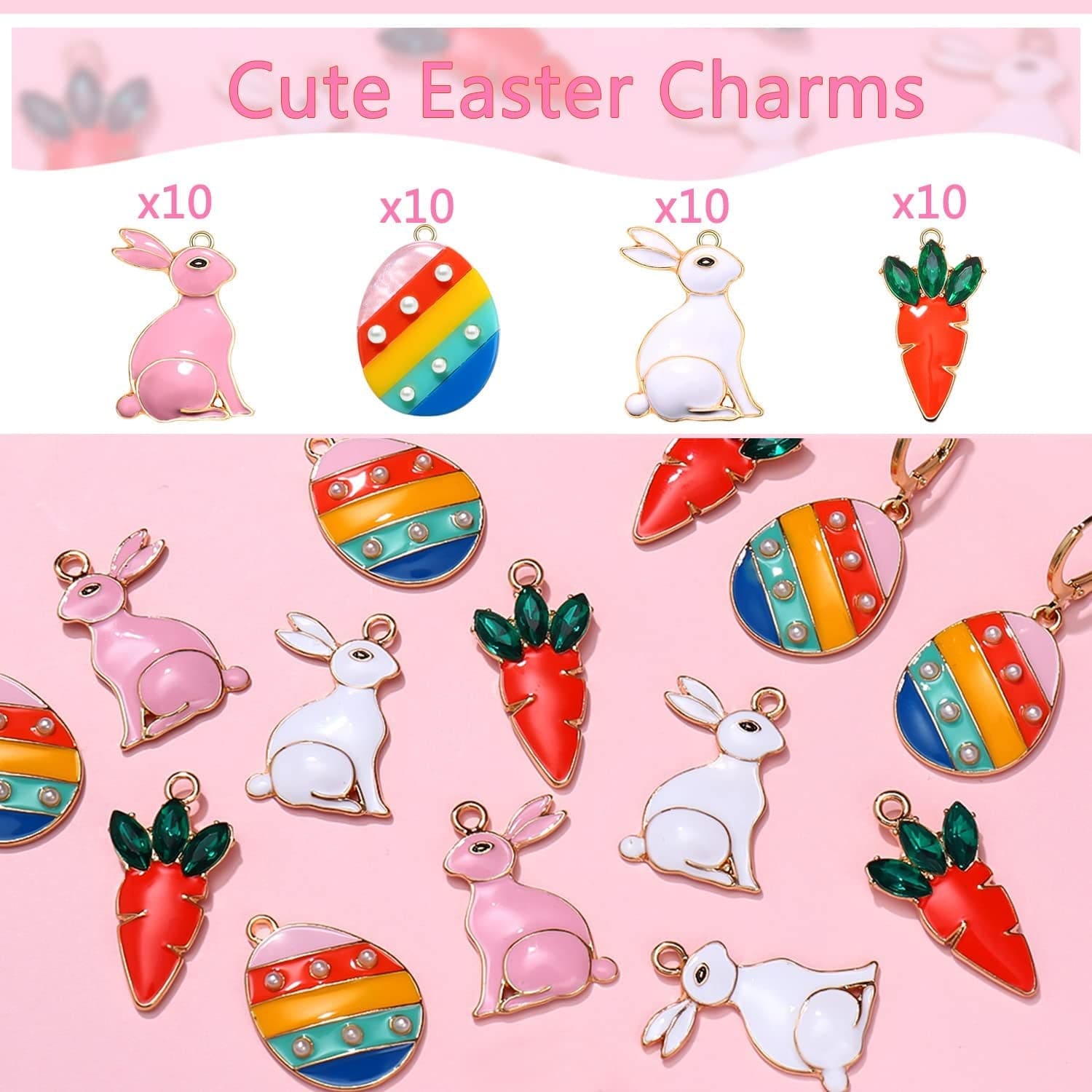40PCS Easter Charms Enamel Bunny Carrot Egg Pendant Charms for Jewelry Making Cute Meatl Animal Rabbit Charms for Necklace Bracelet Earring Making DIY Crafts