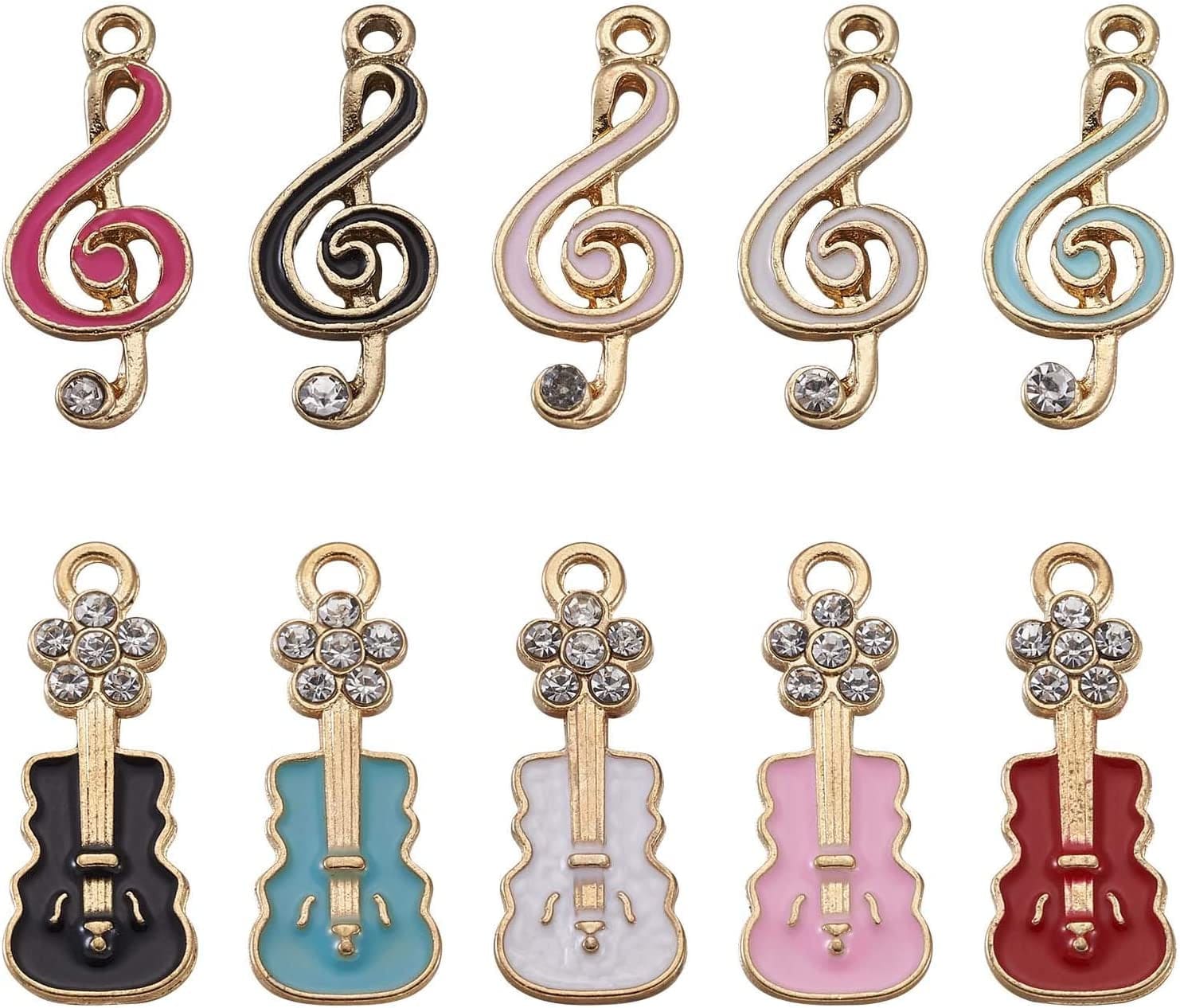 40Pcs Food Theme Enamel Pendant 20 Styles Light Gold Plated Donut Lollipop Ice Cream Cup Cake Bubble Tea Milk Dangle Charm for Earring Bracelet Necklace Jewelry Making Mixed Colors, Guitar+Note