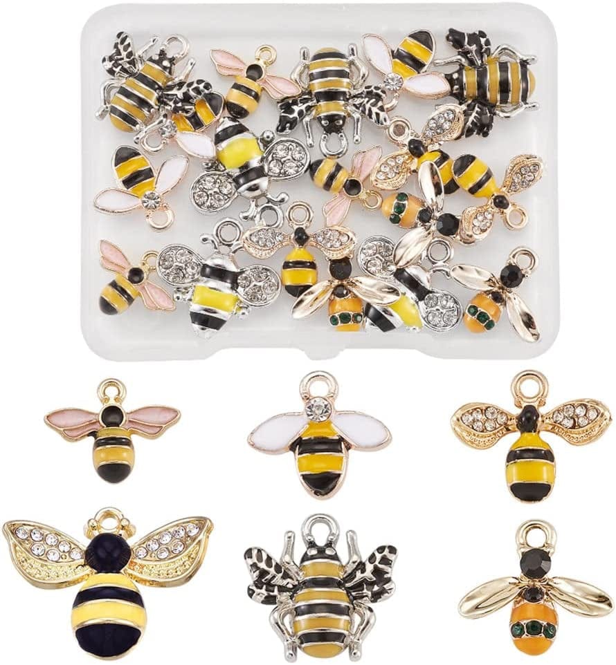 40Pcs Food Theme Enamel Pendant 20 Styles Light Gold Plated Donut Lollipop Ice Cream Cup Cake Bubble Tea Milk Dangle Charm for Earring Bracelet Necklace Jewelry Making Mixed Colors Bee