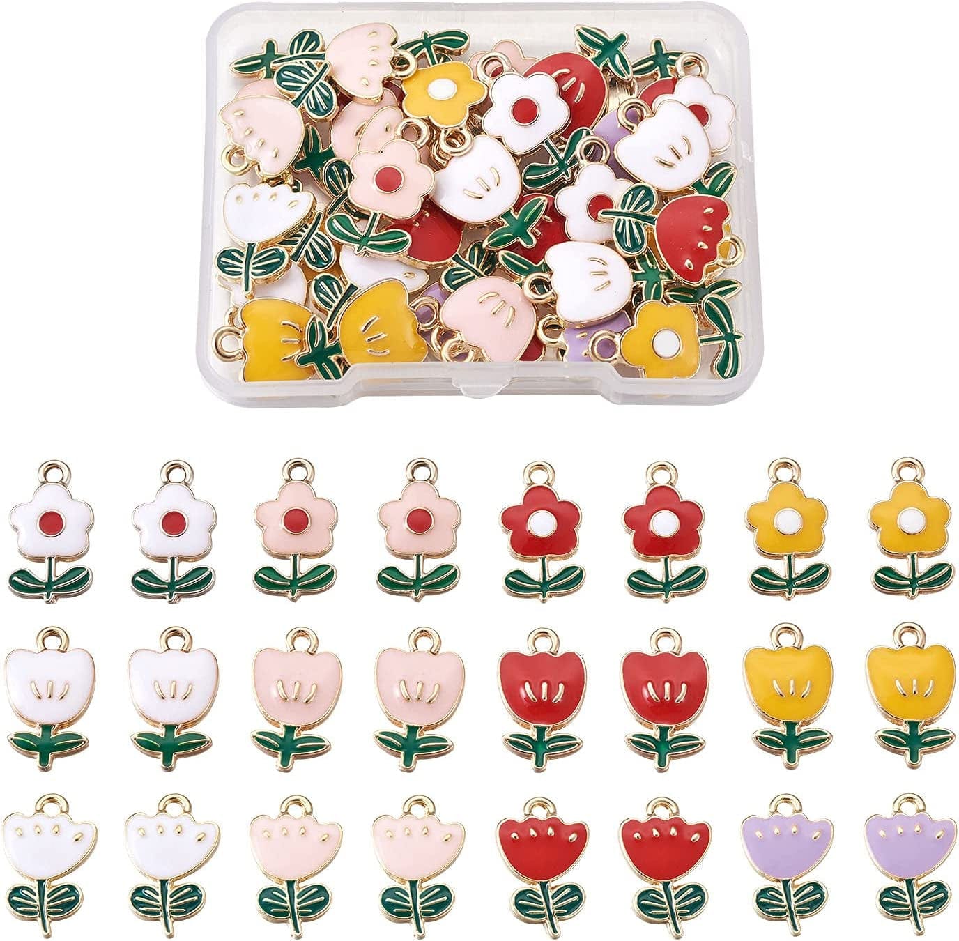 40Pcs Food Theme Enamel Pendant 20 Styles Light Gold Plated Donut Lollipop Ice Cream Cup Cake Bubble Tea Milk Dangle Charm for Earring Bracelet Necklace Jewelry Making Mixed Color,3 Styles Flower