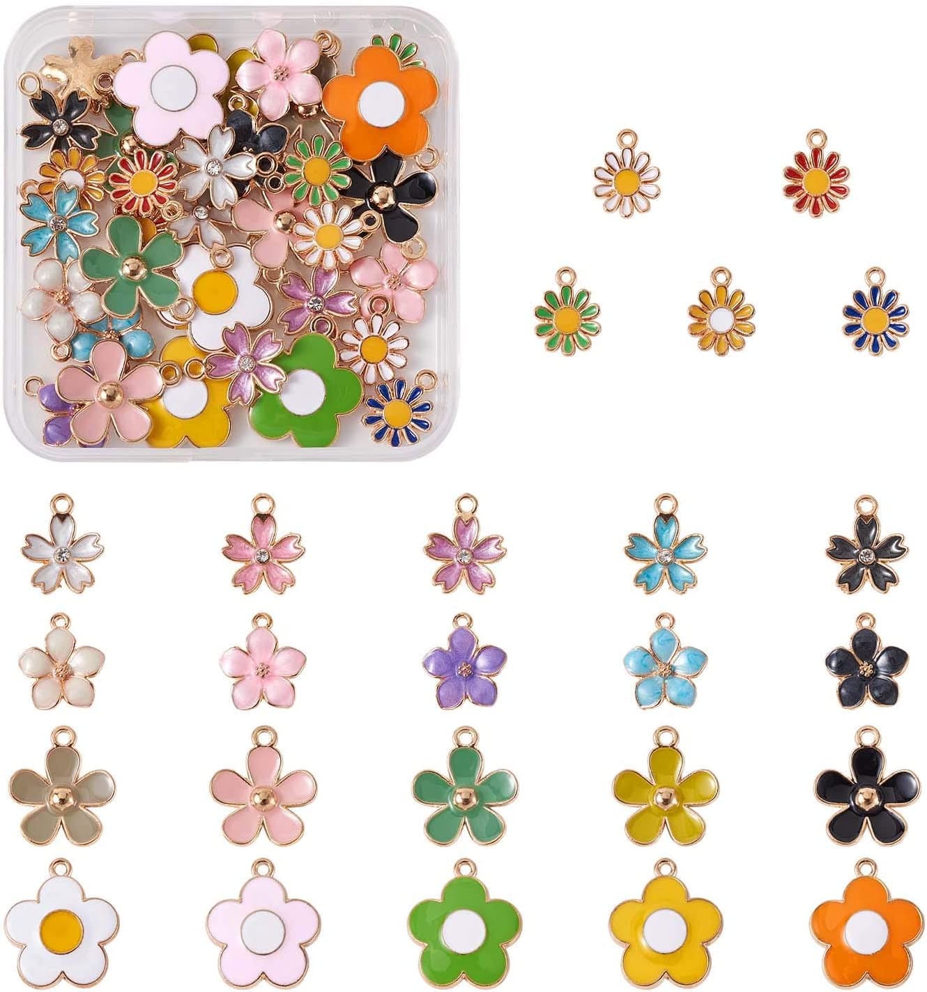 40Pcs Food Theme Enamel Pendant 20 Styles Light Gold Plated Donut Lollipop Ice Cream Cup Cake Bubble Tea Milk Dangle Charm for Earring Bracelet Necklace Jewelry Making Mixed Colors, Flower